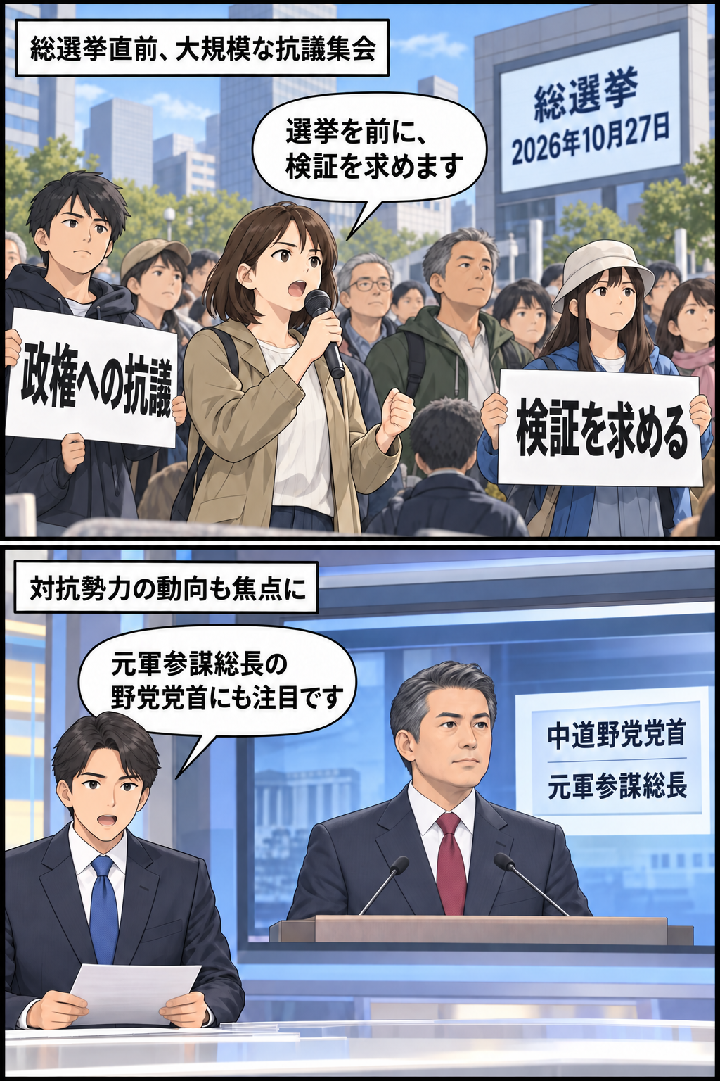 総選挙を控えた都市で政権への抗議集会が開かれ、別の場面では元軍参謀総長の男性野党党首風キャラが対抗勢力として紹介されている中立的な2コマ漫画。