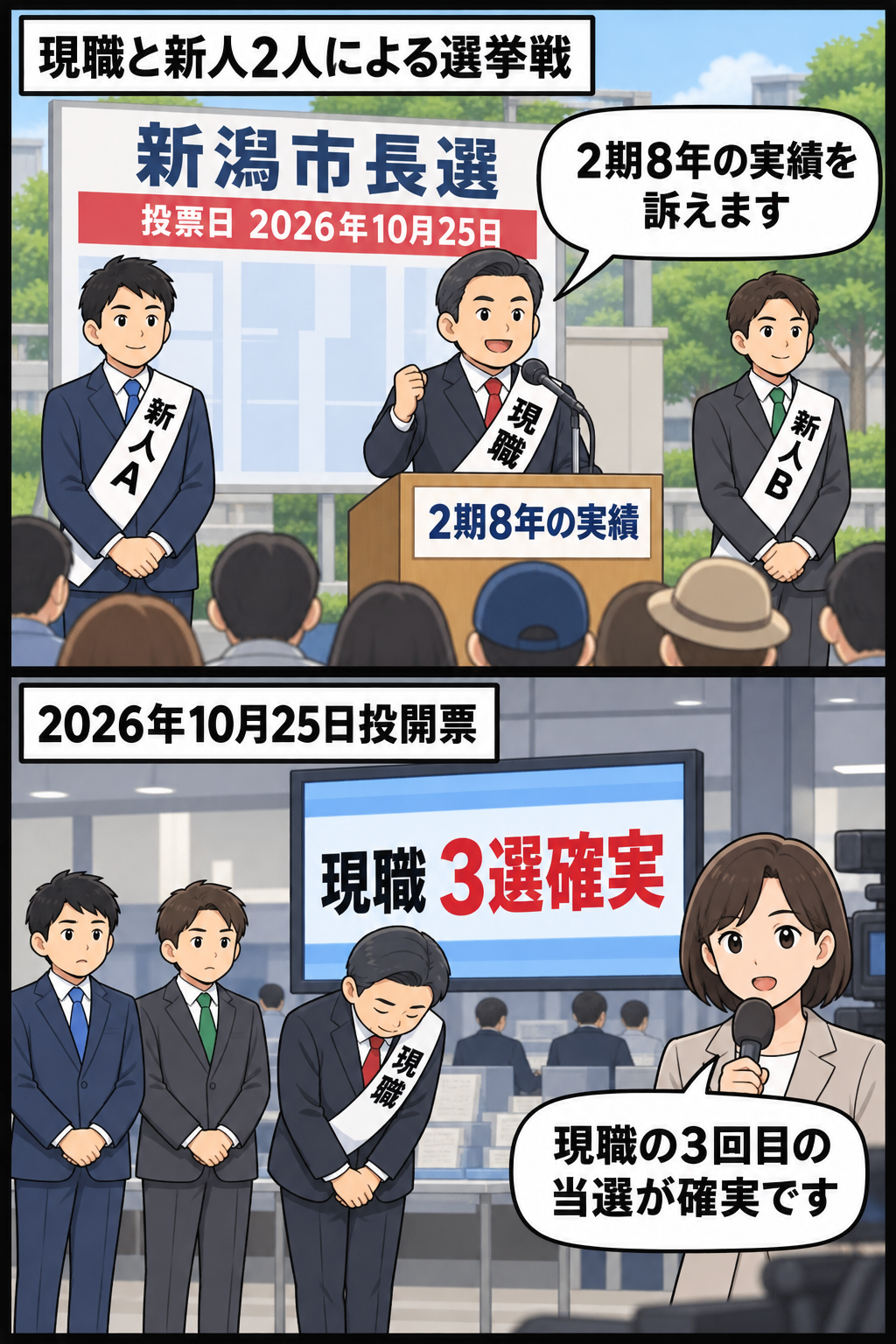新潟市長選で現職の男性市長風キャラと新人候補風キャラ2人が争い、開票後に現職の3選確実が伝えられる中立的な2コマ漫画。