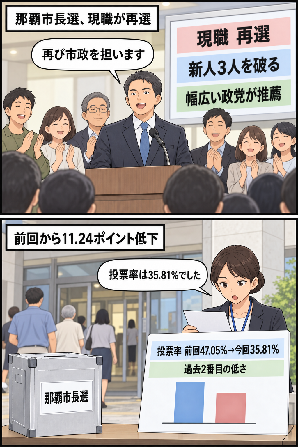那覇市長選で幅広い政党の推薦を受けた男性の現職市長風キャラが新人3人を破って再選し、投票率が前回の47.05％から35.81％へ低下したことを伝える2コマ漫画。
