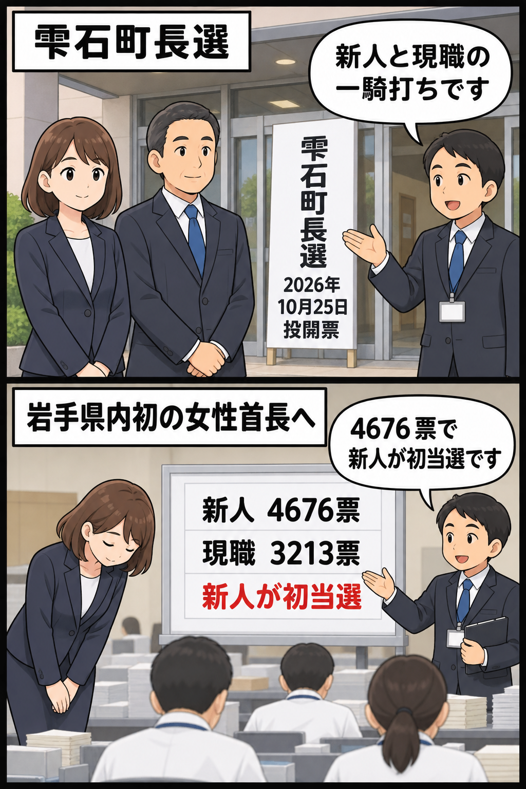雫石町長選で新人の女性候補と現職の男性候補が争い、開票の結果、新人候補が4676票を得て初当選し、岩手県内初の女性首長となったことを示す2コマ漫画。