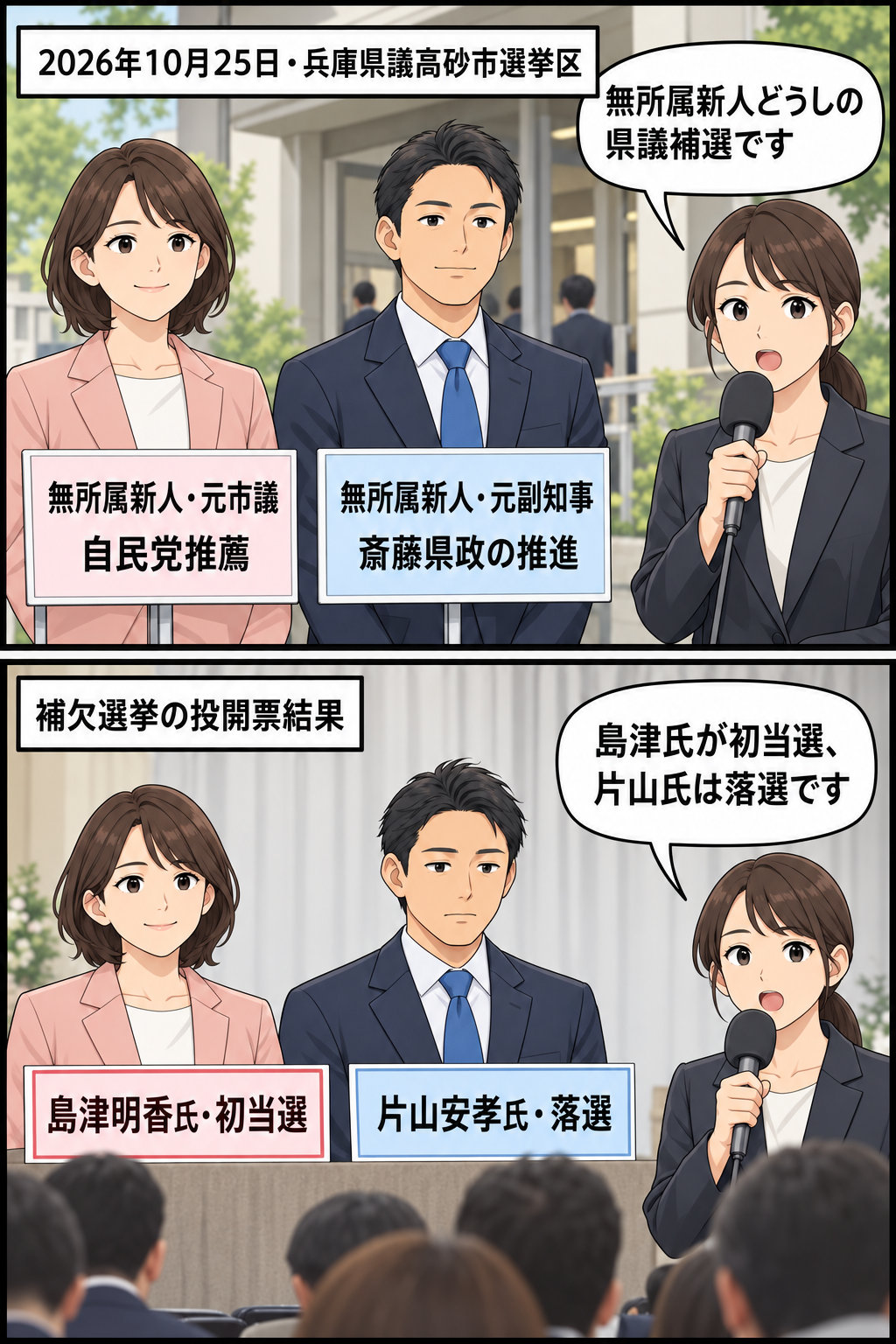 兵庫県議高砂市選挙区補選で、自民党推薦の女性候補と斎藤県政の推進を訴えた元副知事の男性候補が争い、女性候補が初当選したことを伝える2コマ漫画。