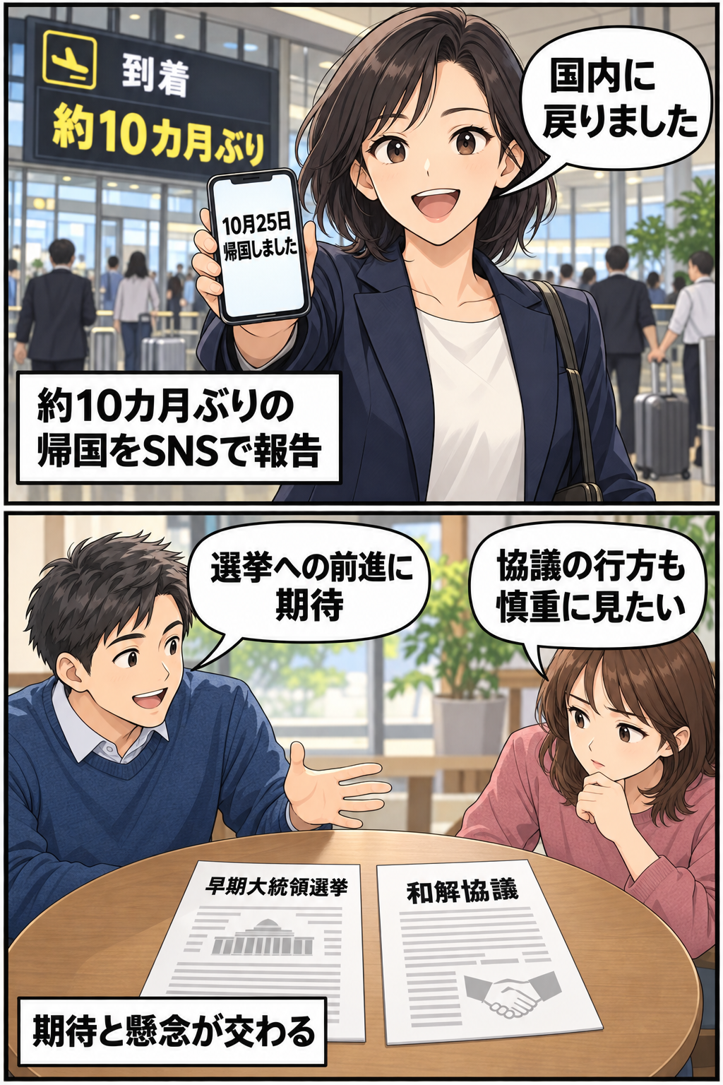 一般化された女性の野党指導者風キャラが約10カ月ぶりの帰国をSNSで報告し、その後、有権者が早期大統領選挙と協議の行方について期待と懸念を示す2コマ漫画。