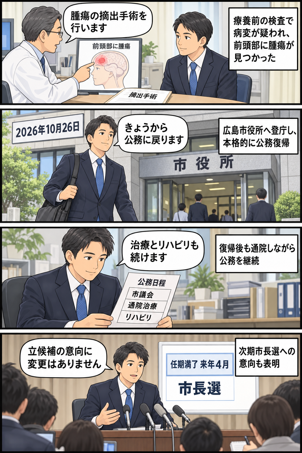 脳腫瘍の摘出手術を経た男性の市長風キャラが、2026年10月26日に市役所へ登庁して公務に復帰し、通院治療とリハビリを続けながら次期市長選への立候補意向を示す4コマ漫画。