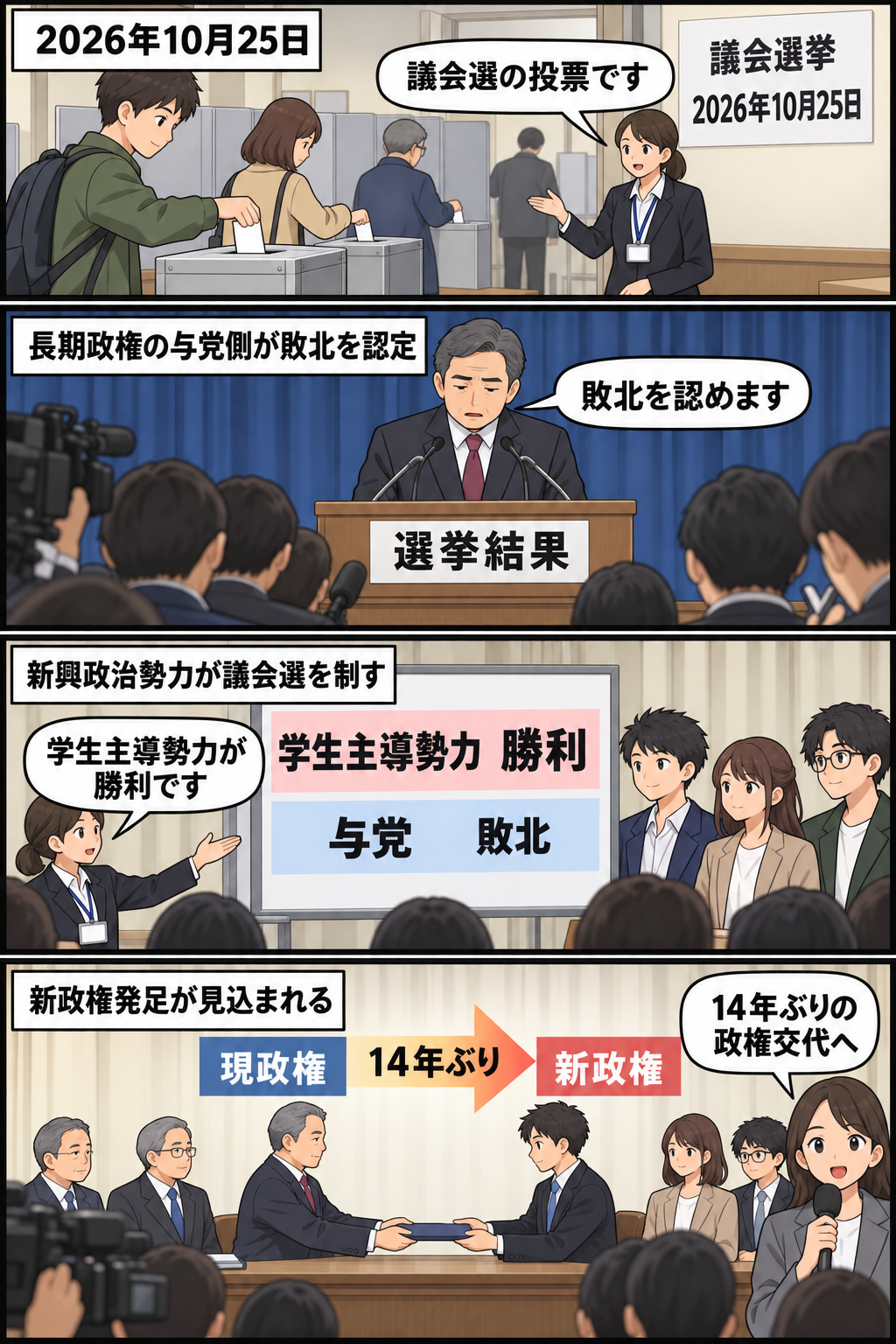 議会選挙の投票から与党側の敗北認定、学生主導勢力の勝利、14年ぶりとなる政権交代の見通しまでを中立的に描いた4コマ漫画。