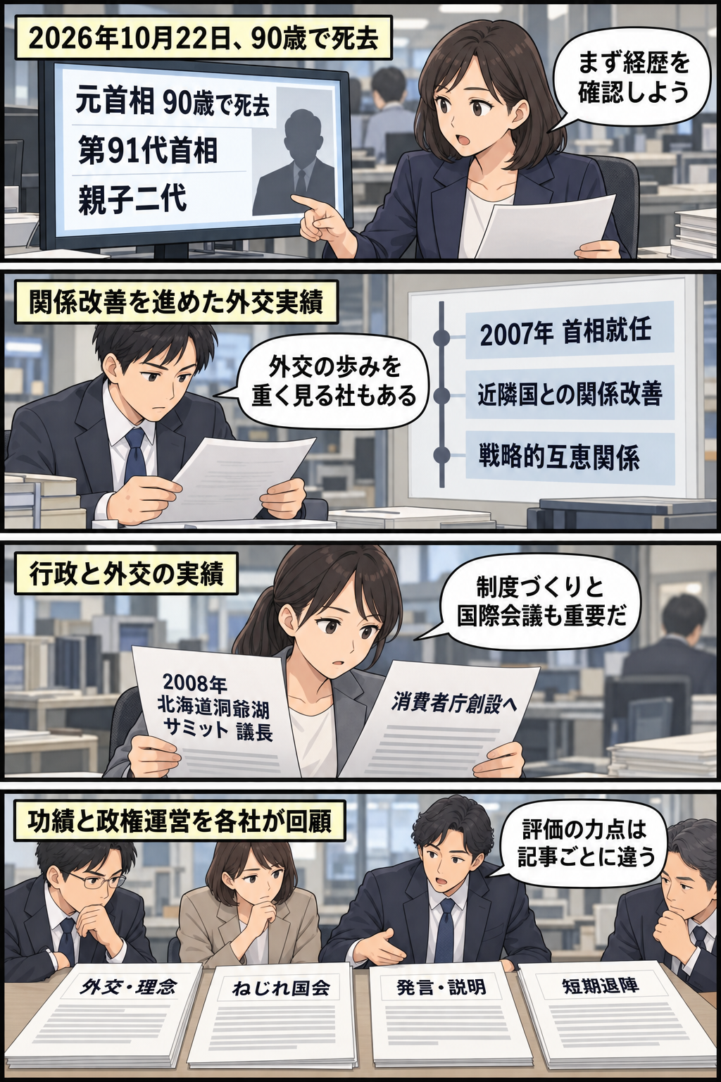 福田康夫元首相の訃報を起点に、外交、制度整備、洞爺湖サミット、ねじれ国会下の政権運営を新聞各社が異なる角度から振り返る様子を描いた4コマ漫画。