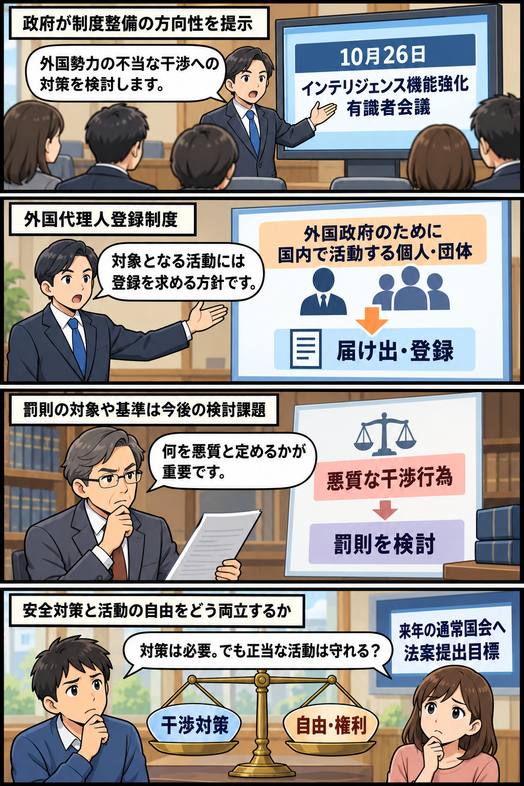 政府が外国勢力による干渉への対策として登録制度と罰則案を示し、市民が対策の必要性と自由・権利への配慮を同時に論じる4コマ漫画。