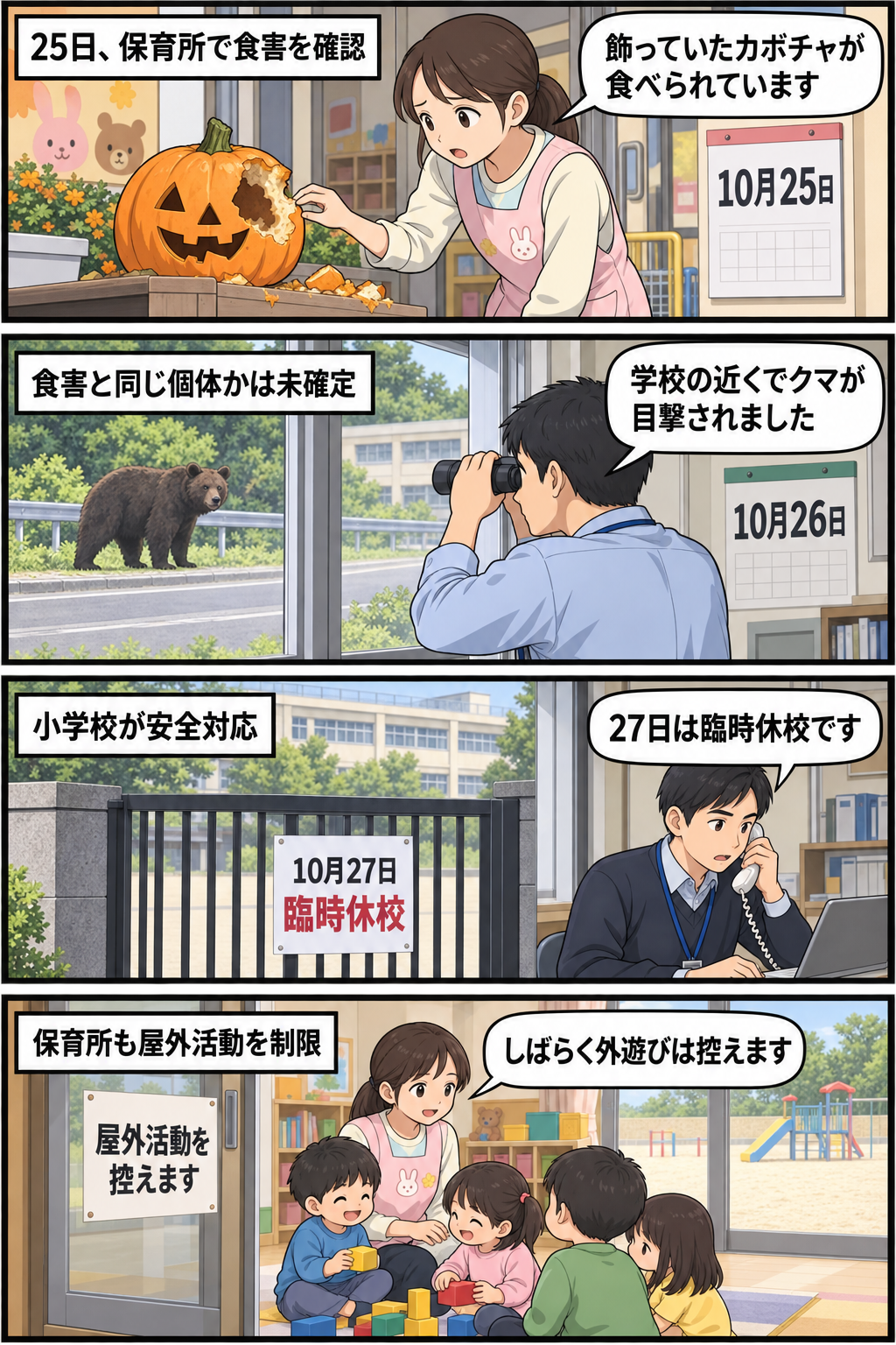 北海道枝幸町音標で、保育所のカボチャ被害、小学校付近でのクマ目撃、臨時休校と屋外活動制限までを時系列で描いた4コマ漫画。