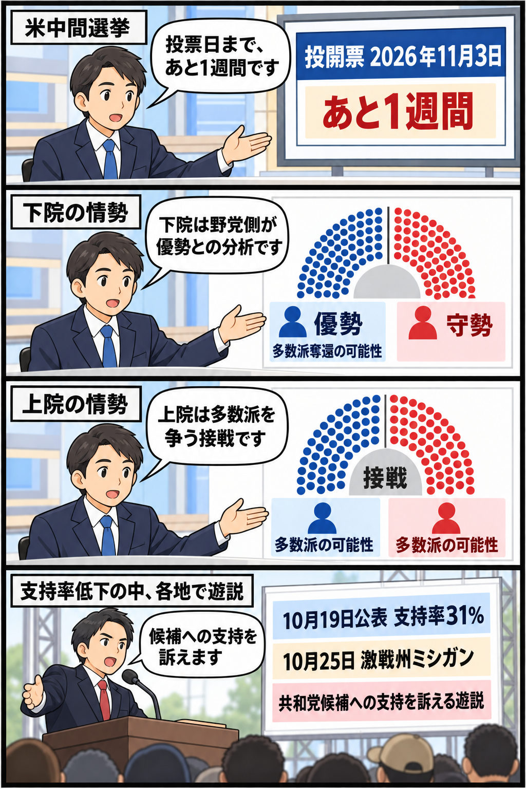 中間選挙まで1週間となった状況を、投票日、下院と上院の議席予測、現職大統領の支持率と激戦州での遊説の順に描く中立的な4コマ漫画。
