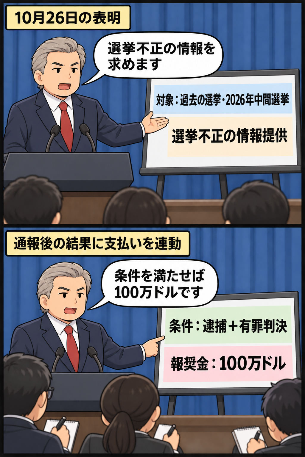 スーツ姿の男性の大統領風キャラが、過去の選挙と2026年中間選挙を対象に選挙不正の情報提供を呼びかけ、逮捕と有罪判決につながった場合は通報者に100万ドルを支払うと説明する2コマ漫画。