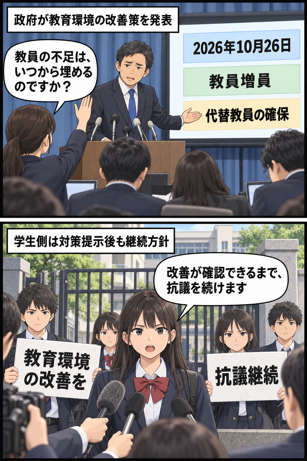 政府の教育担当者風キャラが教員確保策を説明し、記者から実施時期を問われる一方、高校生らが改善策では不十分だとして抗議継続を表明する2コマ漫画。