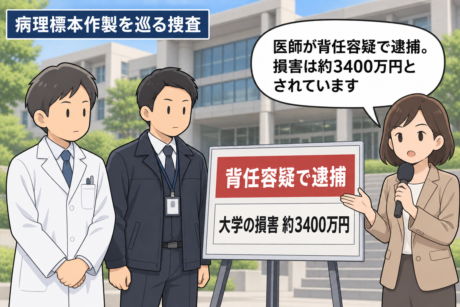 大分大学の設備を使った病理標本作製を巡り、医師が背任容疑で逮捕され、大学の損害が約3400万円と報じられたことを示す一コマ漫画