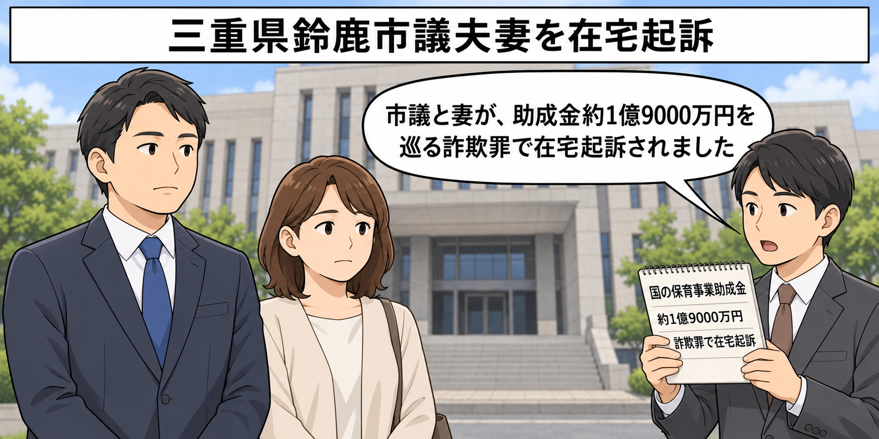 裁判所を背景に、鈴鹿市議を表すスーツ姿の男性と保育園事務員を表す女性が並び、記者が国の保育事業助成金約1億9000万円を巡る詐欺罪で在宅起訴されたと伝える中立的な一コマ。