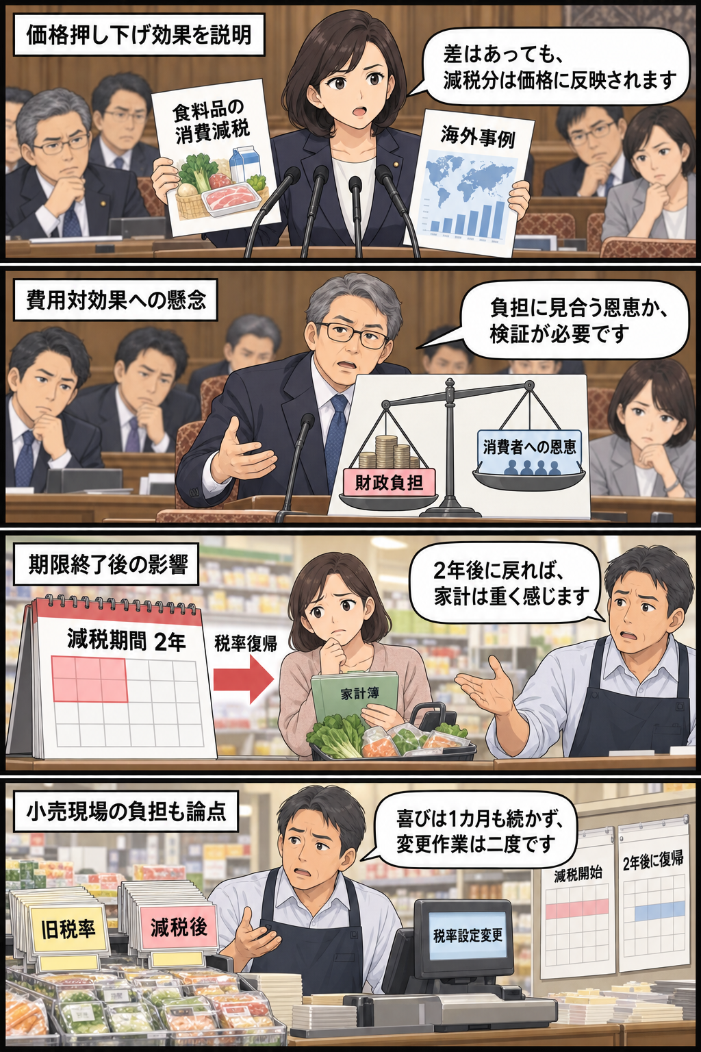 衆院の委員会審議を舞台に、食料品の消費減税について価格への反映が説明される一方、財政負担、2年後の税率復帰、値札やレジ変更の負担を参考人らが慎重に指摘する4コマ漫画。