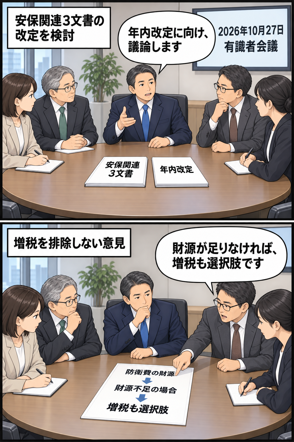 政府が安保関連3文書の改定に向けた有識者会議を開き、防衛費の財源が不足する場合は増税も選択肢から排除しないとの意見が示される様子を、中立的な2コマ漫画で表している。