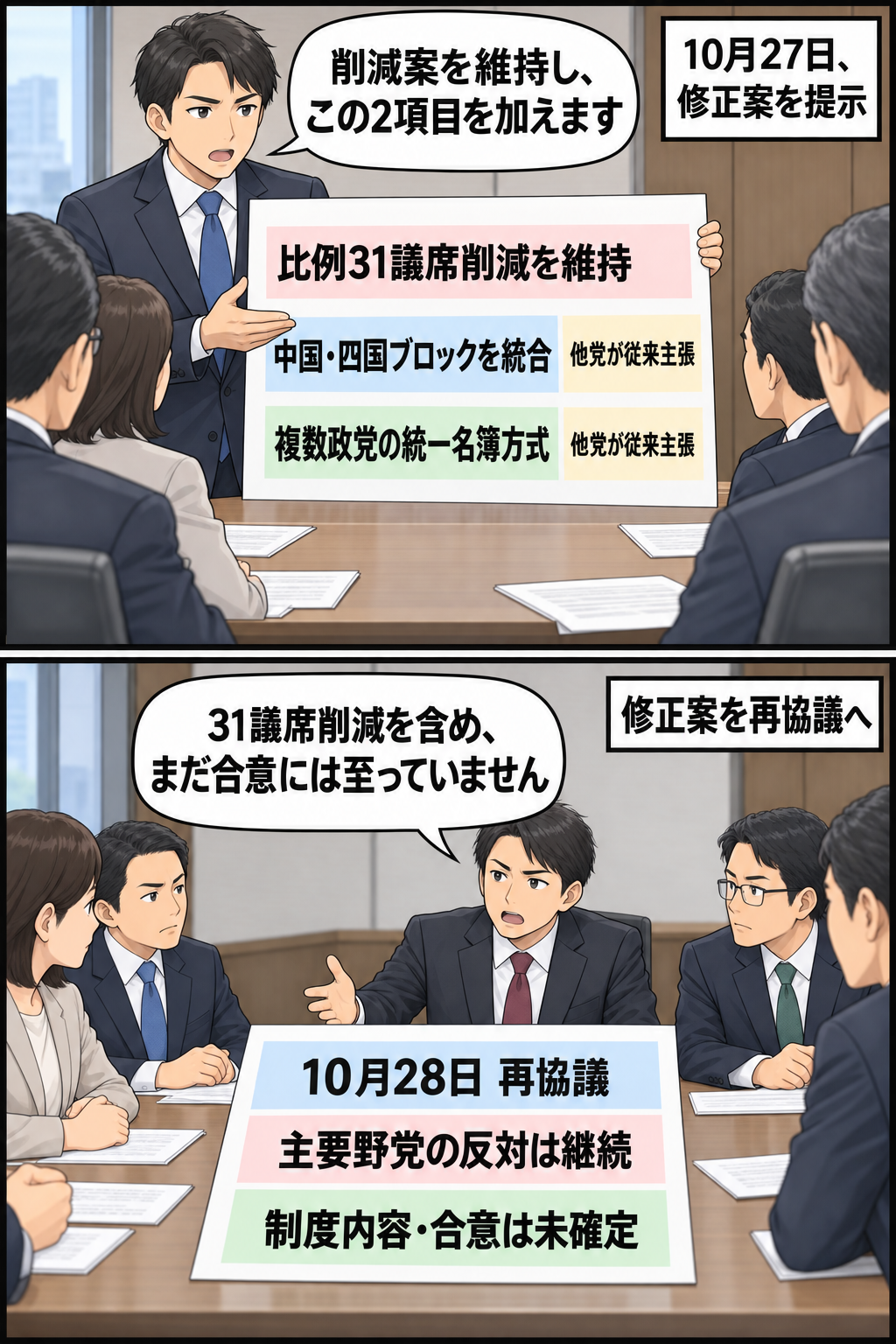 与党側の担当者が比例31議席削減、中国・四国ブロック統合、統一名簿方式を含む修正案を説明し、翌日の政党間協議で各党の代表者が意見の隔たりを確認している2コマ漫画。