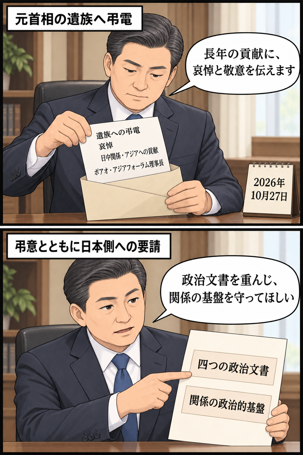 一般化された男性の国家主席風キャラが、故人への哀悼と日中関係への貢献を記した弔電を遺族へ送り、続いて四つの政治文書と政治的基盤の維持を求める内容が示される二コマ漫画。