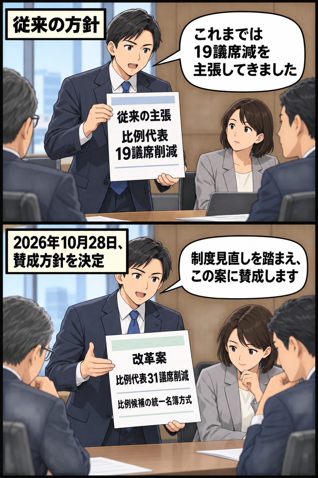 政党会合で、比例代表19議席削減という従来案を確認した後、統一名簿方式を含む比例代表31議席削減案への賛成方針を決める様子を描いた2コマ漫画。