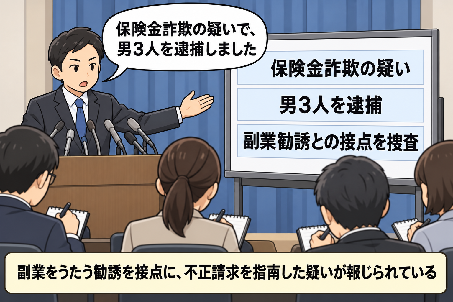 警察の会見場で、担当者が「保険金詐欺の疑い」「男3人を逮捕」「副業勧誘との接点を捜査」と書かれた発表板を示している。容疑者の行為そのものは描かれていない。