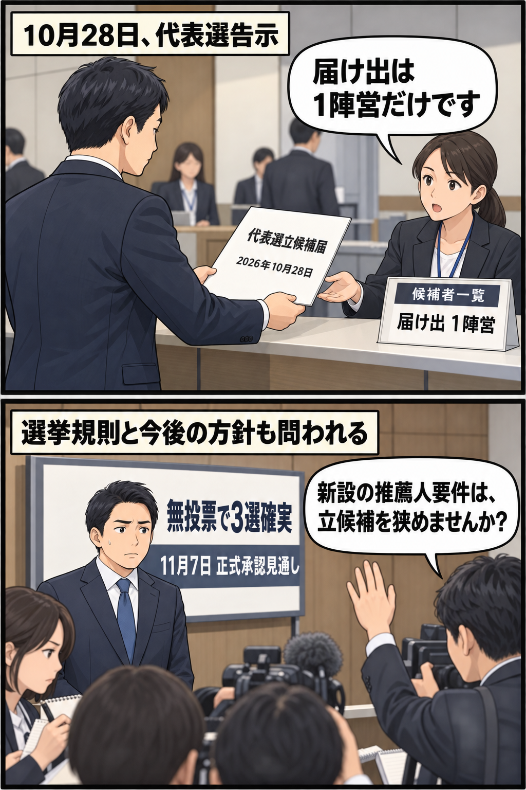 大阪の地域政党代表選で男性の現職代表風キャラだけが立候補し、無投票での3選が確実になる一方、記者が新設された推薦人要件について問いかける中立的で緊張感のある2コマ漫画。