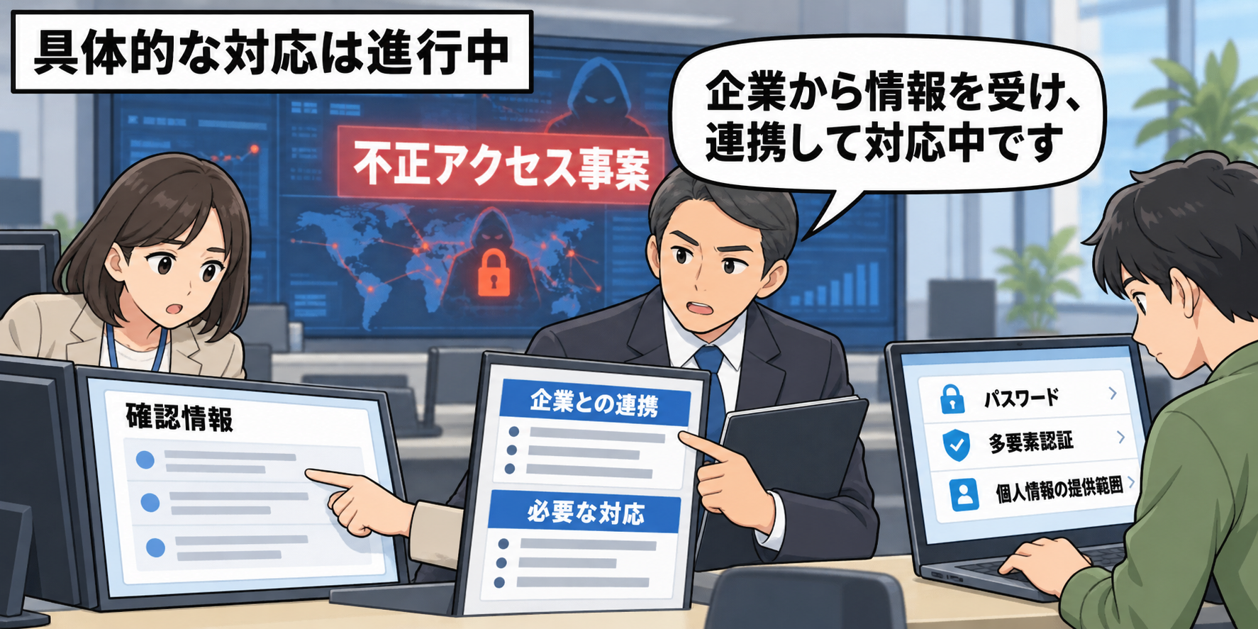 不正アクセスが発生した企業の担当者と政府担当者が、情報を共有しながら対応する様子を中立的に描いた一コマ漫画。
