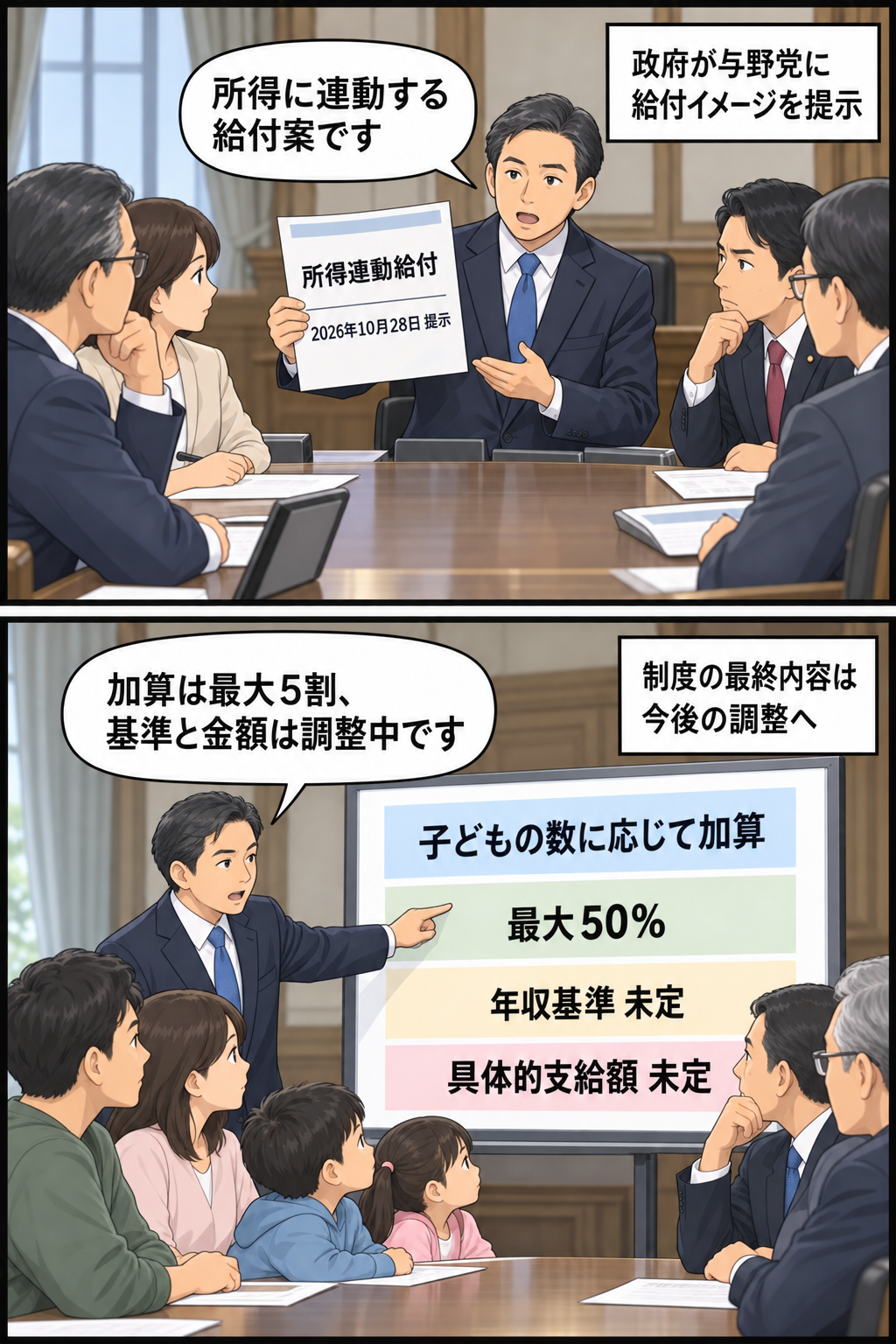 政府担当者が所得連動給付のイメージを与野党の議員に示し、続いて子どもの数に応じた最大5割加算と、年収基準・支給額が未定であることを説明する中立的な2コマ漫画。