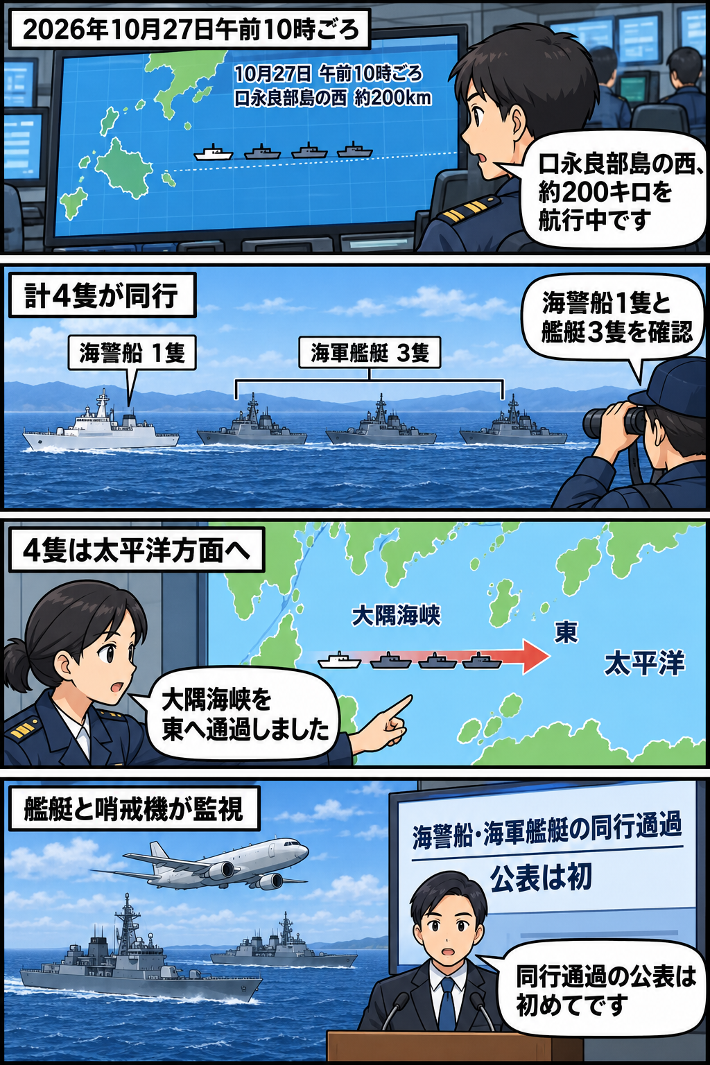 中国海警船1隻と中国海軍艦艇3隻が鹿児島県沖から大隅海峡を東へ通過し、海上自衛隊が監視した経緯を中立的に描く4コマ漫画。