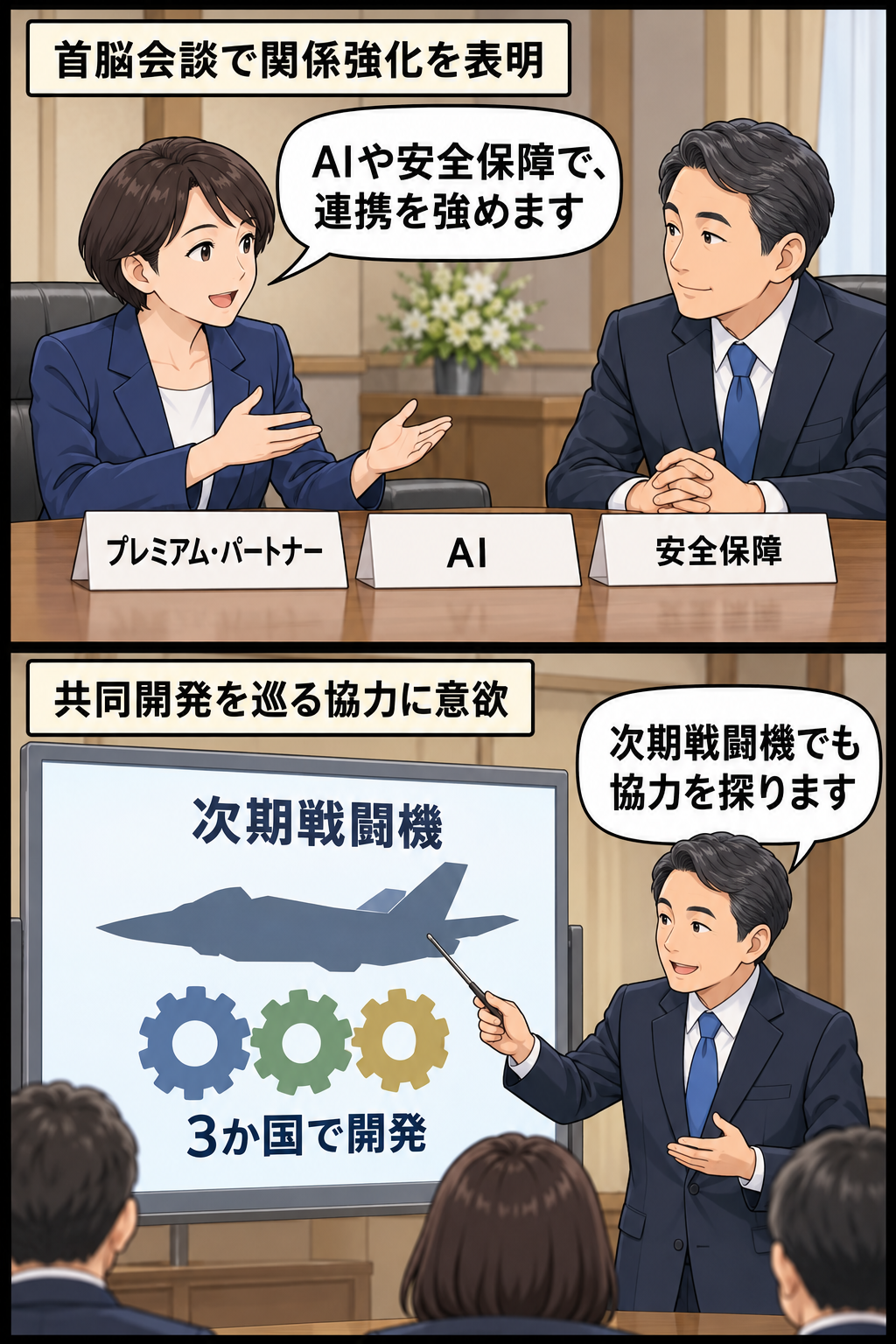 スーツ姿の女性と男性の首相風キャラが会談し、プレミアム・パートナーとしてAI・安全保障の連携強化を確認する場面と、男性の首相風キャラが次期戦闘機開発への協力意向を示す場面。
