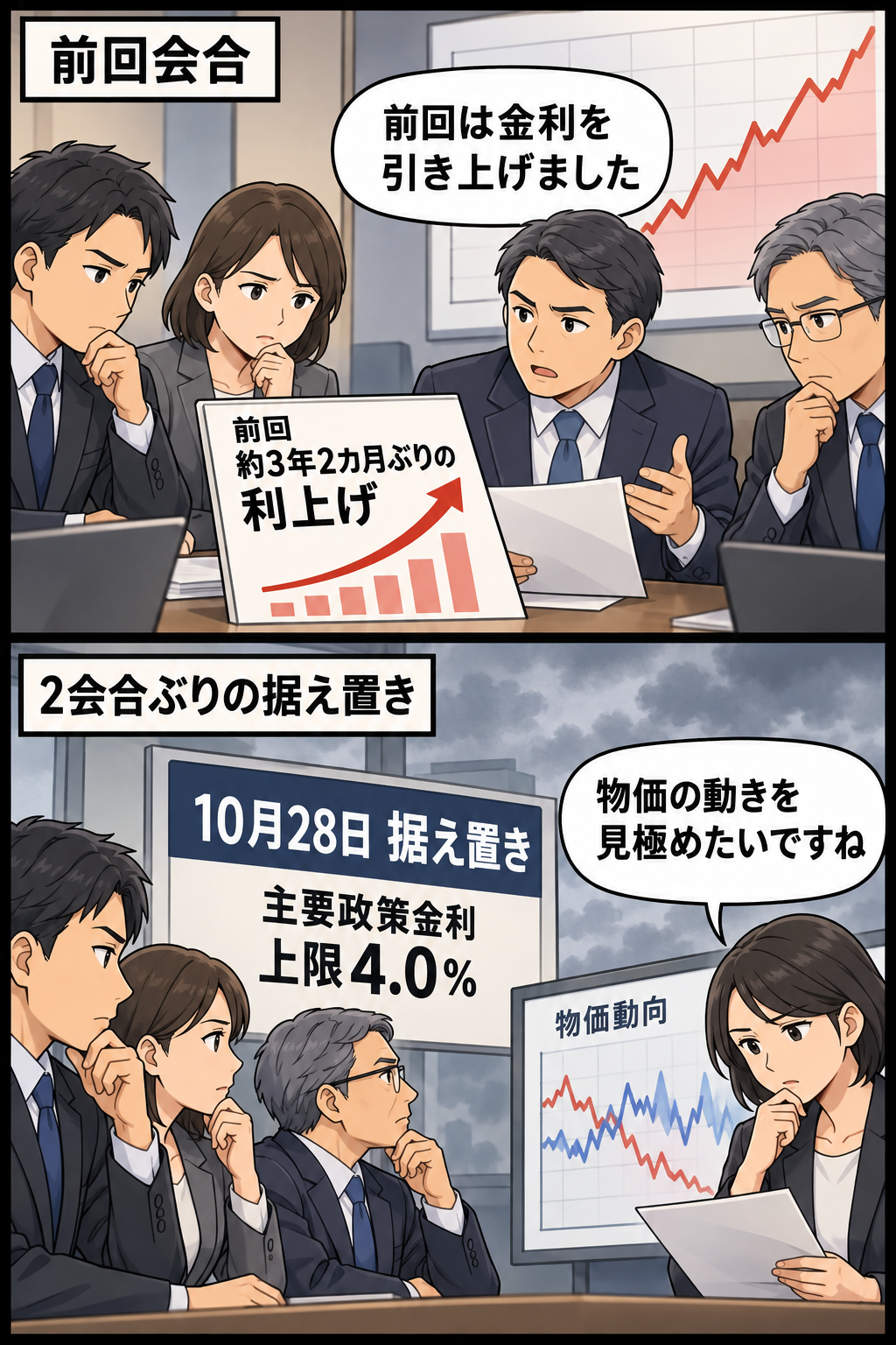 前回の利上げから今回の政策金利据え置きへ移る流れと、インフレ動向を慎重に見極める姿勢を描いた2コマ漫画。