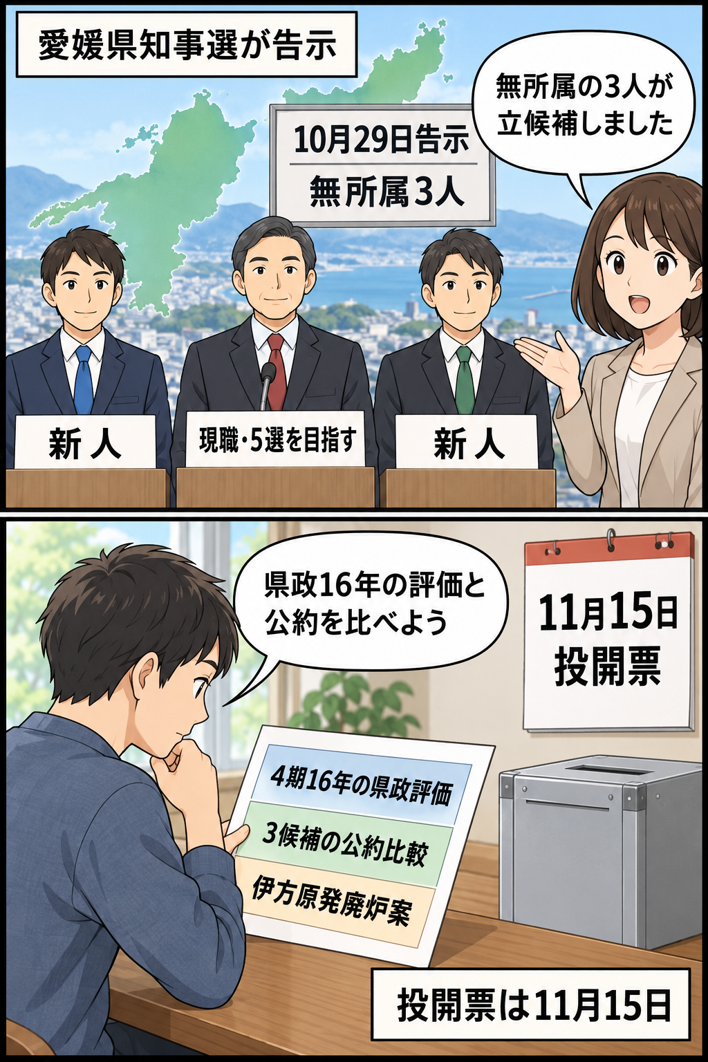 愛媛県知事選に無所属の男性候補3人が立候補し、4期16年の県政評価や伊方原発廃炉案をめぐって選挙戦に臨む様子を描いた2コマ漫画。