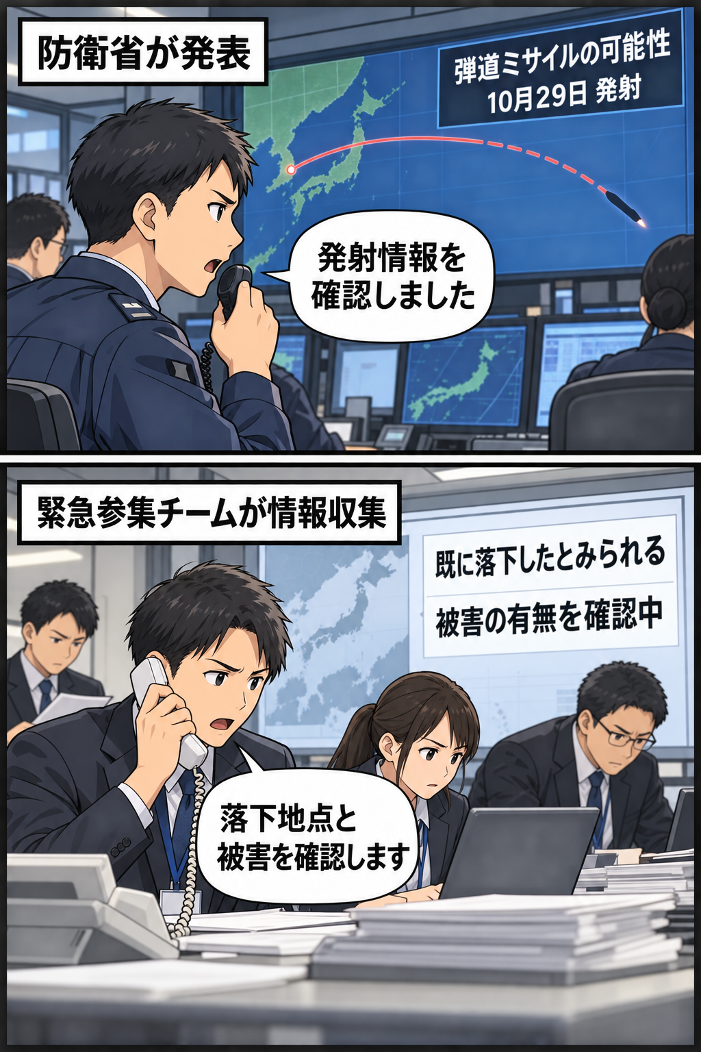 防衛当局が発射情報を確認し、その後、発射物は既に落下したとの推定を受けて政府職員が被害情報を集める二コマ漫画。