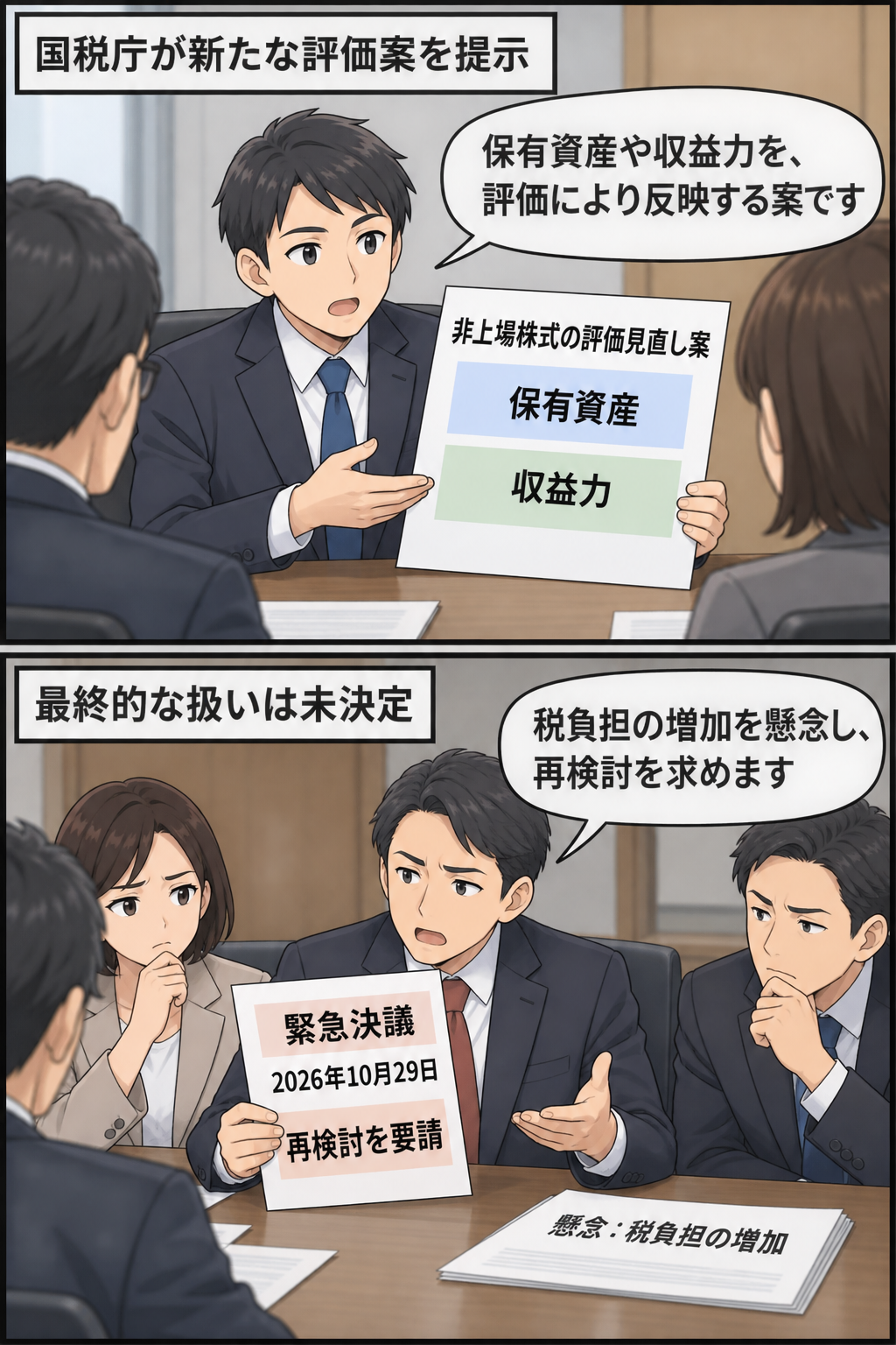 国税当局が非上場株式の評価見直し案を示し、政党の戦略本部が税負担の増加を懸念して再検討を求める緊急決議を行ったことを描く2コマ漫画。