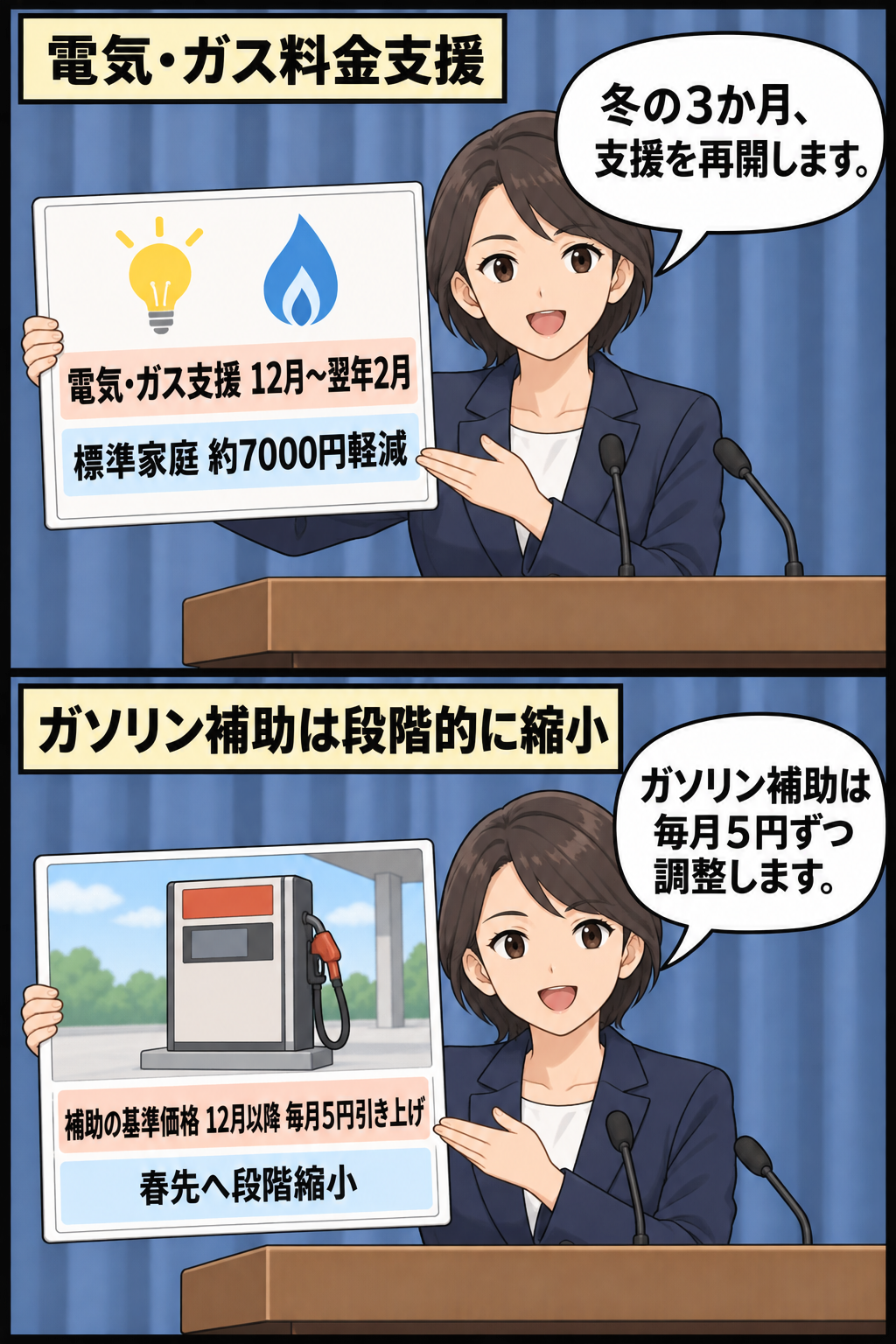 スーツ姿の女性の首相風キャラが、冬の電気・ガス料金支援の再開とガソリン補助の段階的縮小を説明する中立的な2コマ漫画。