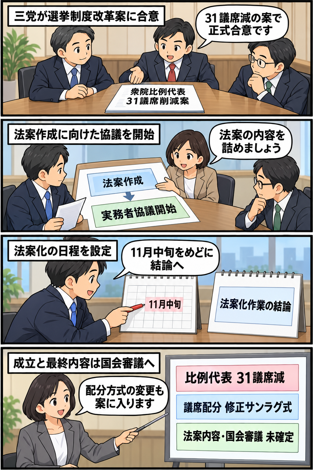 三党の代表者風キャラが比例代表31議席削減で合意し、実務者が11月中旬をめどに法案化を協議する流れと、修正サンラグ式への変更案を中立的に描いた4コマ漫画。
