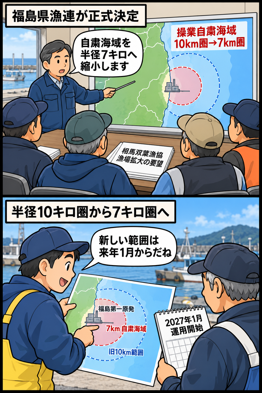 福島県漁連が原発周辺の操業自粛海域を半径10キロから7キロへ縮小すると決定し、漁業者が2027年1月からの運用範囲を海図で確認する2コマ漫画。