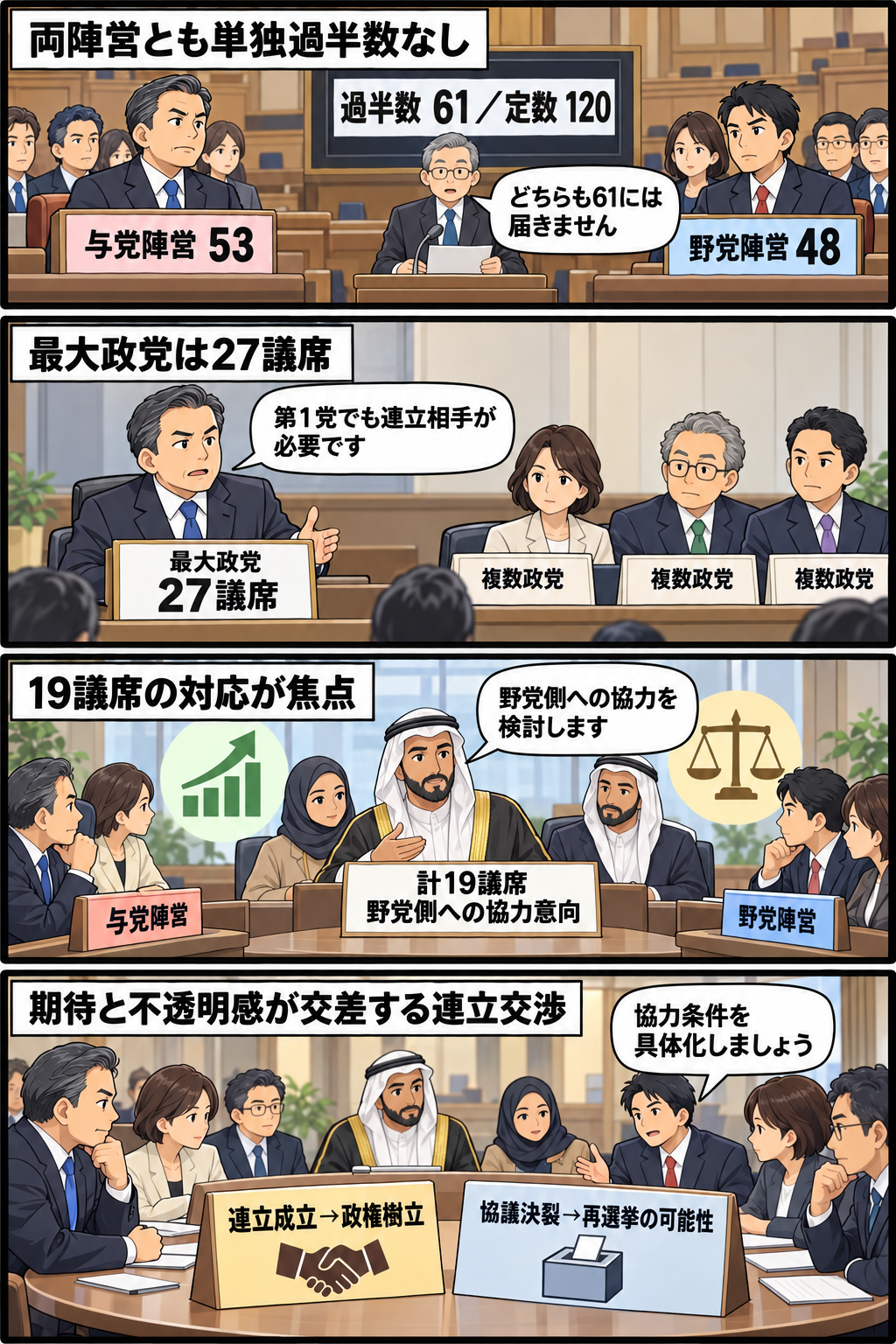 定数120の議会で与党陣営53議席、野党陣営48議席、アラブ系政党19議席となり、最大政党を率いる男性の首相風キャラや各陣営が、協力による政権樹立と交渉決裂時の再選挙という両面を見据えて連立協議に向かう4コマ漫...