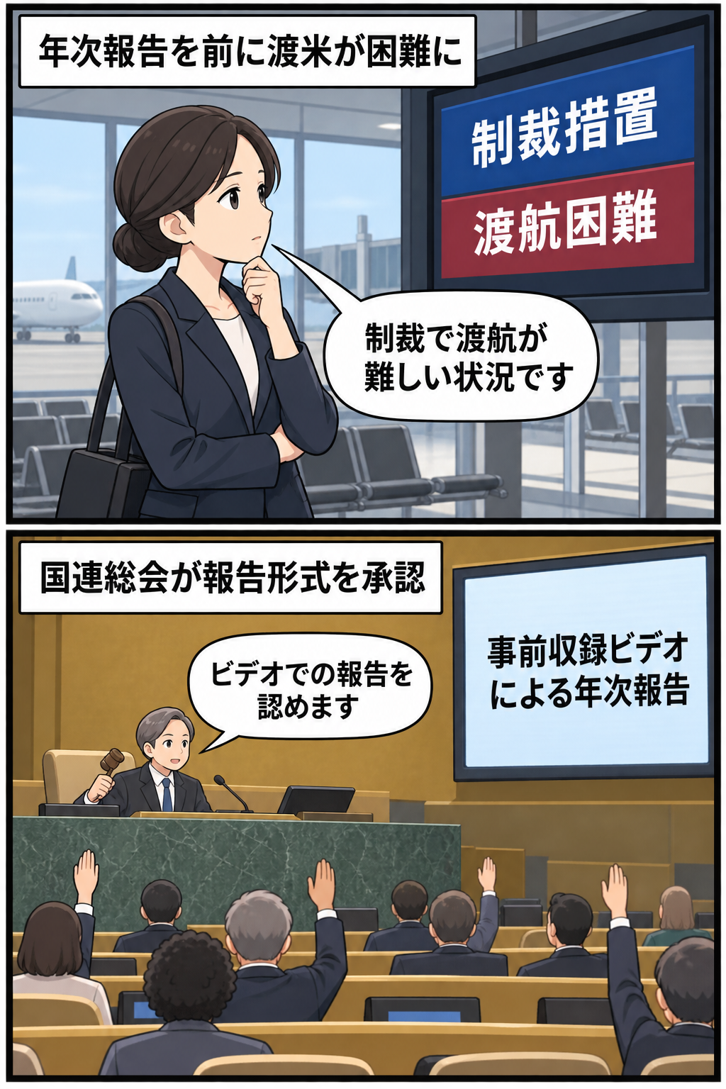 制裁で渡航が難しい女性の国際裁判所所長風キャラと、国連総会を模した会議で事前収録のビデオ報告が認められる様子を描いた2コマ漫画。