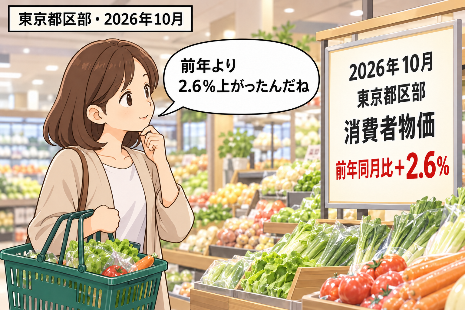 東京都区部の買い物客が、2026年10月の消費者物価が前年同月比2.6％上昇したことを示す表示を確認している。