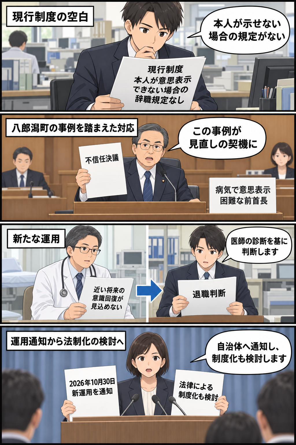 意思表示できない首長の退職を巡り、現行制度の空白と過去の事例を踏まえ、医師の診断に基づいて副首長が判断する新運用が自治体へ通知され、法制化も検討される流れを描いた4コマ漫画。