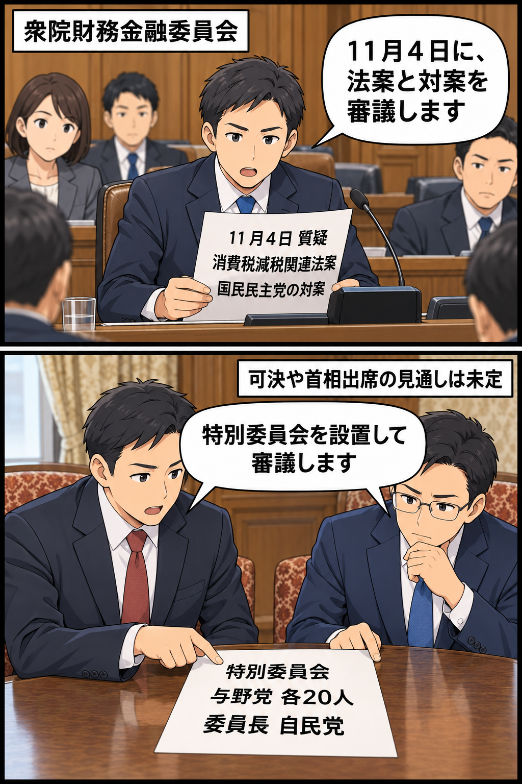 衆院で11月4日の質疑と対案の審議入りを確認し、参院では自民党と立憲民主党の調整役が特別委員会の設置で合意する様子を描いた中立的な2コマ漫画。
