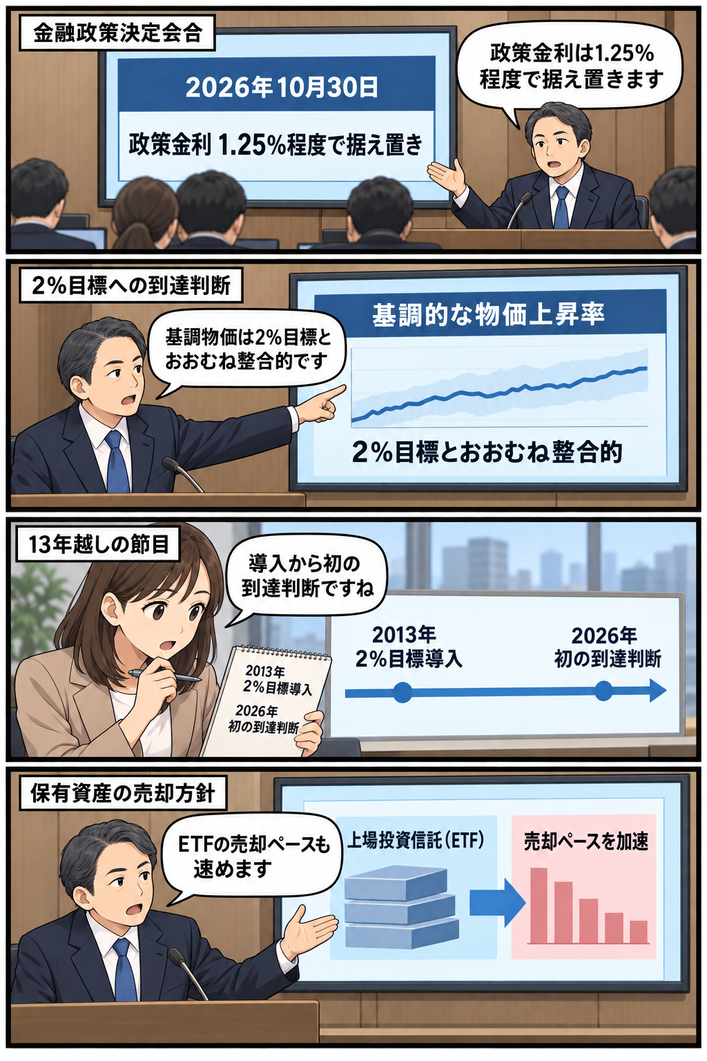 日銀の金融政策決定会合で、政策金利1.25％の据え置きと基調物価の2％目標到達判断が示され、2013年の目標導入からの節目とETF売却加速方針を伝える4コマ漫画。
