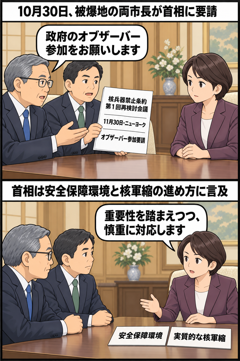 広島・長崎の市長風キャラが核兵器禁止条約会議へのオブザーバー参加を要請し、女性の首相風キャラが安全保障環境などを踏まえ慎重に対応すると答える2コマ漫画。