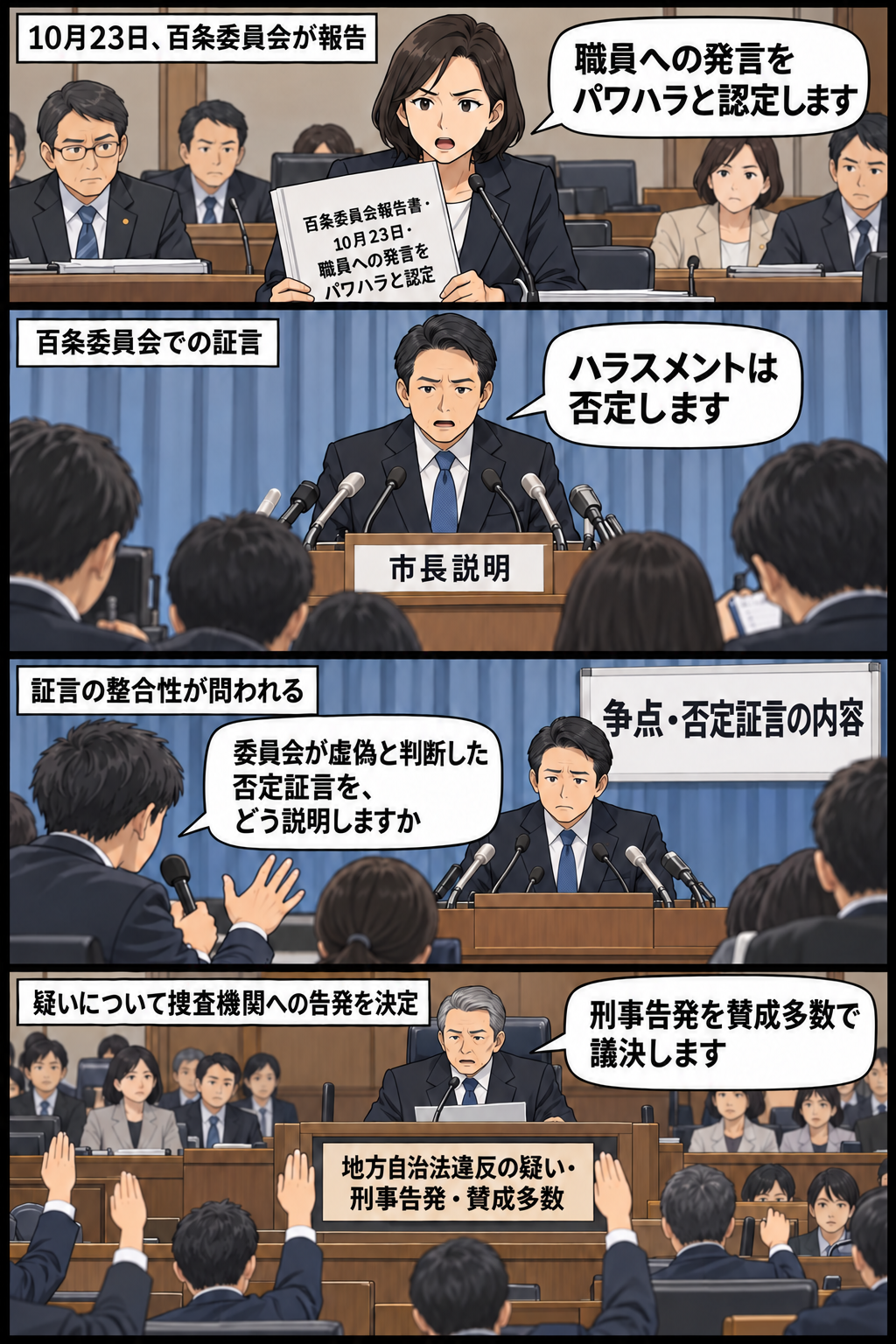 伊賀市議会の百条委員会によるパワハラ認定から、市長の否定証言をめぐる問いかけ、刑事告発の議決までを中立的かつ批判的な調子で描く4コマ漫画。