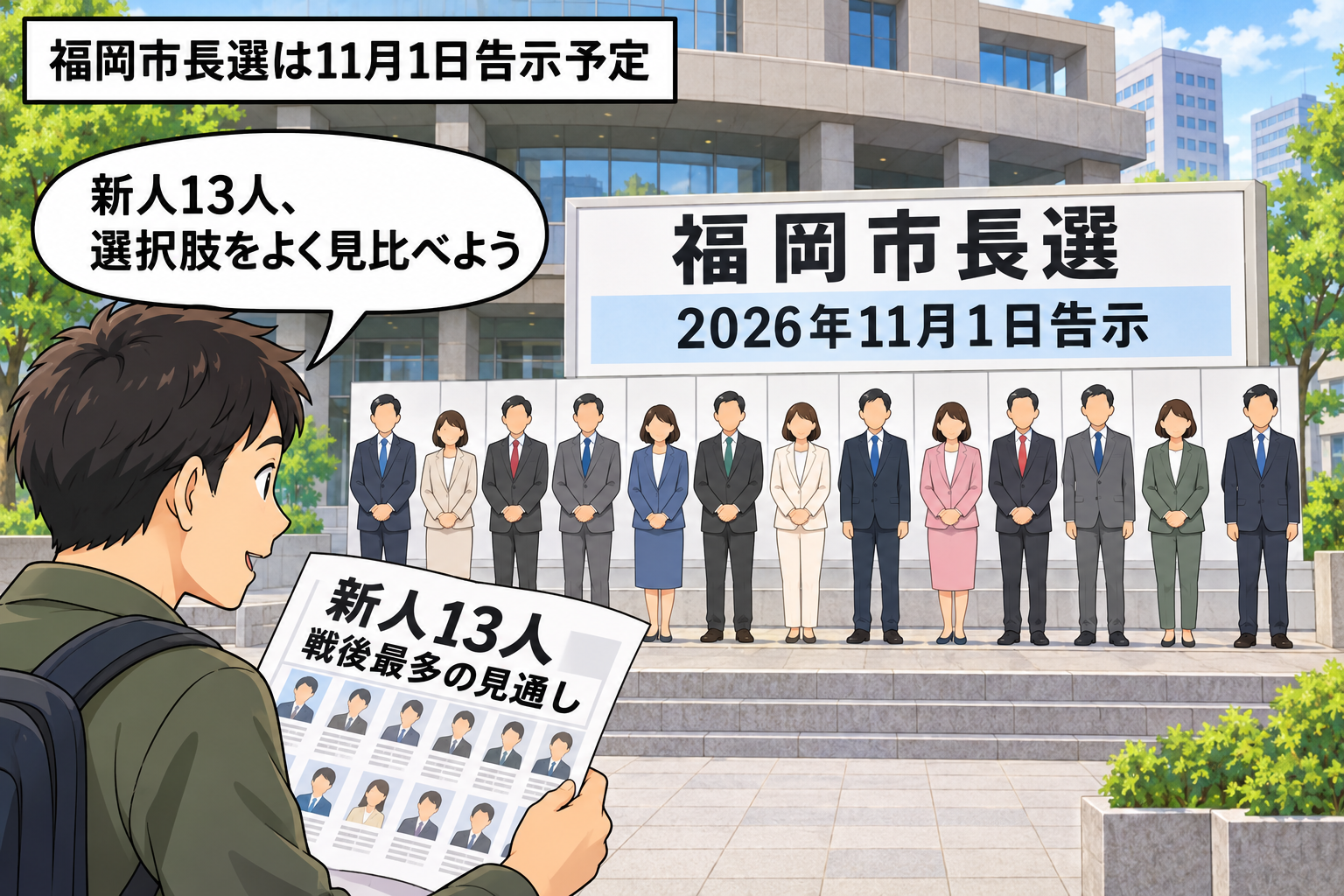 福岡市長選の告示を知らせる掲示板の前に、顔を描き分けない13人の新人候補予定者と有権者が集まり、多数の立候補による混戦の見通しを示す中立的な一コマ漫画。
