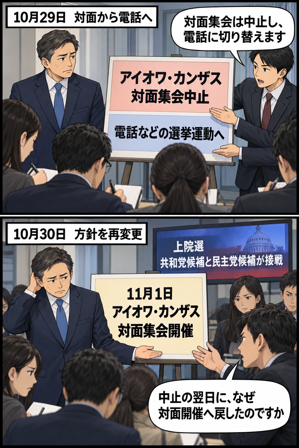 男性の大統領風キャラの選挙陣営が、アイオワとカンザスでの対面集会を中止して電話集会へ切り替えた翌日、11月1日の対面開催を再決定し、記者から相次ぐ方針変更を問われる二コマ漫画。