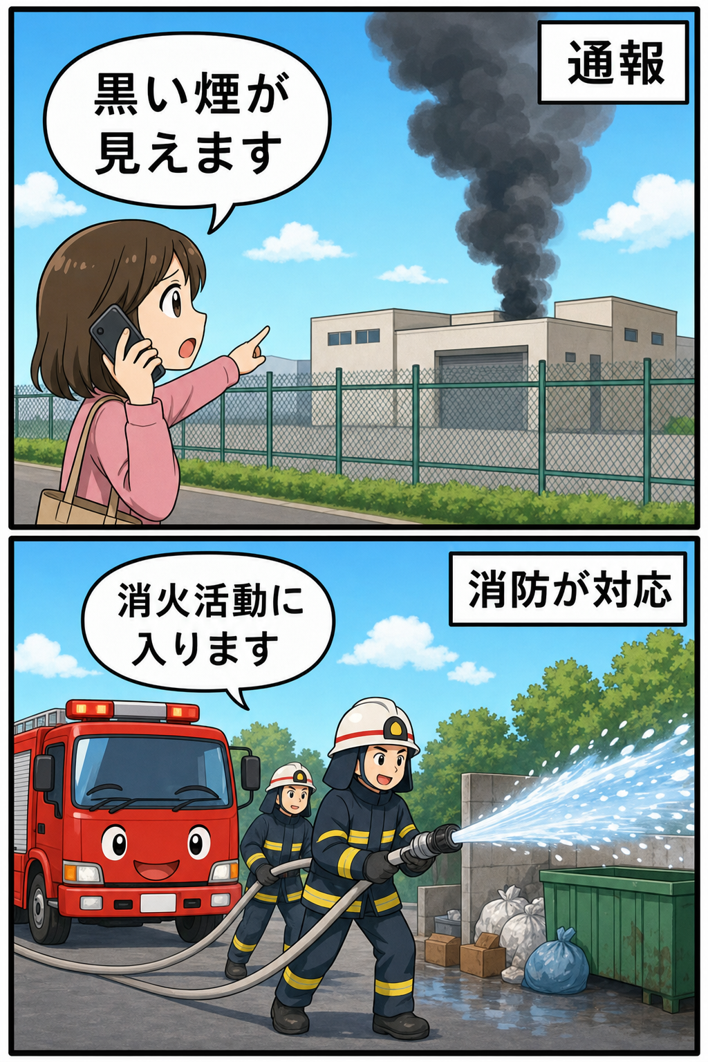 朝霞駐屯地付近で黒煙を見た人が通報し、次のコマで消防隊が消火活動を行う2コマの絵コンテ。