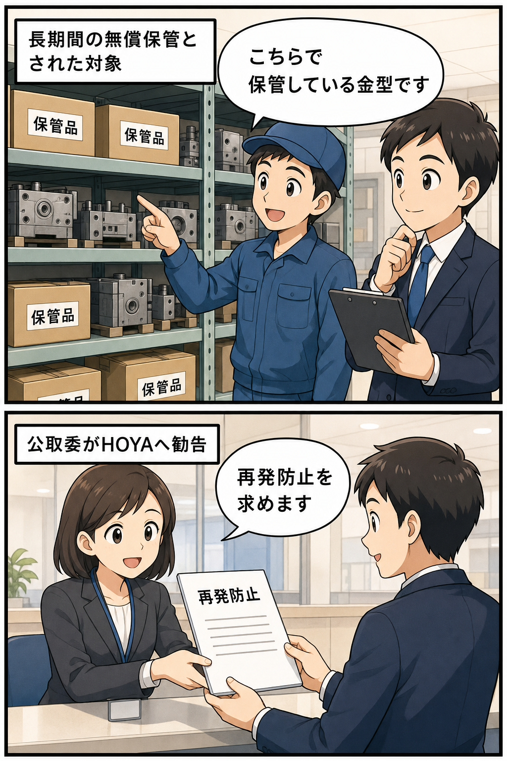 下請け事業者が棚に保管した金型を示し、次のコマで公取委の担当者が再発防止勧告の書面を会社の担当者へ示す二コマ漫画。