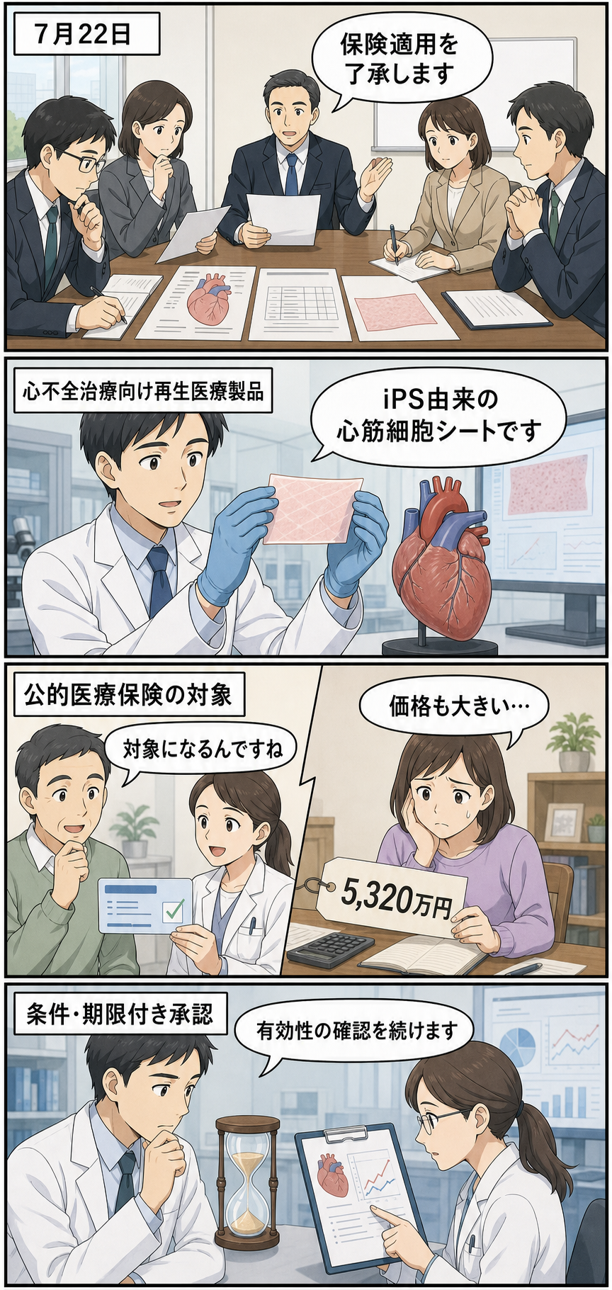 中立的な審議会の了承から、心臓に用いるiPS由来心筋細胞シート、保険適用と高額な公定価格、期限内の有効性確認までを4コマで示す絵コンテ。