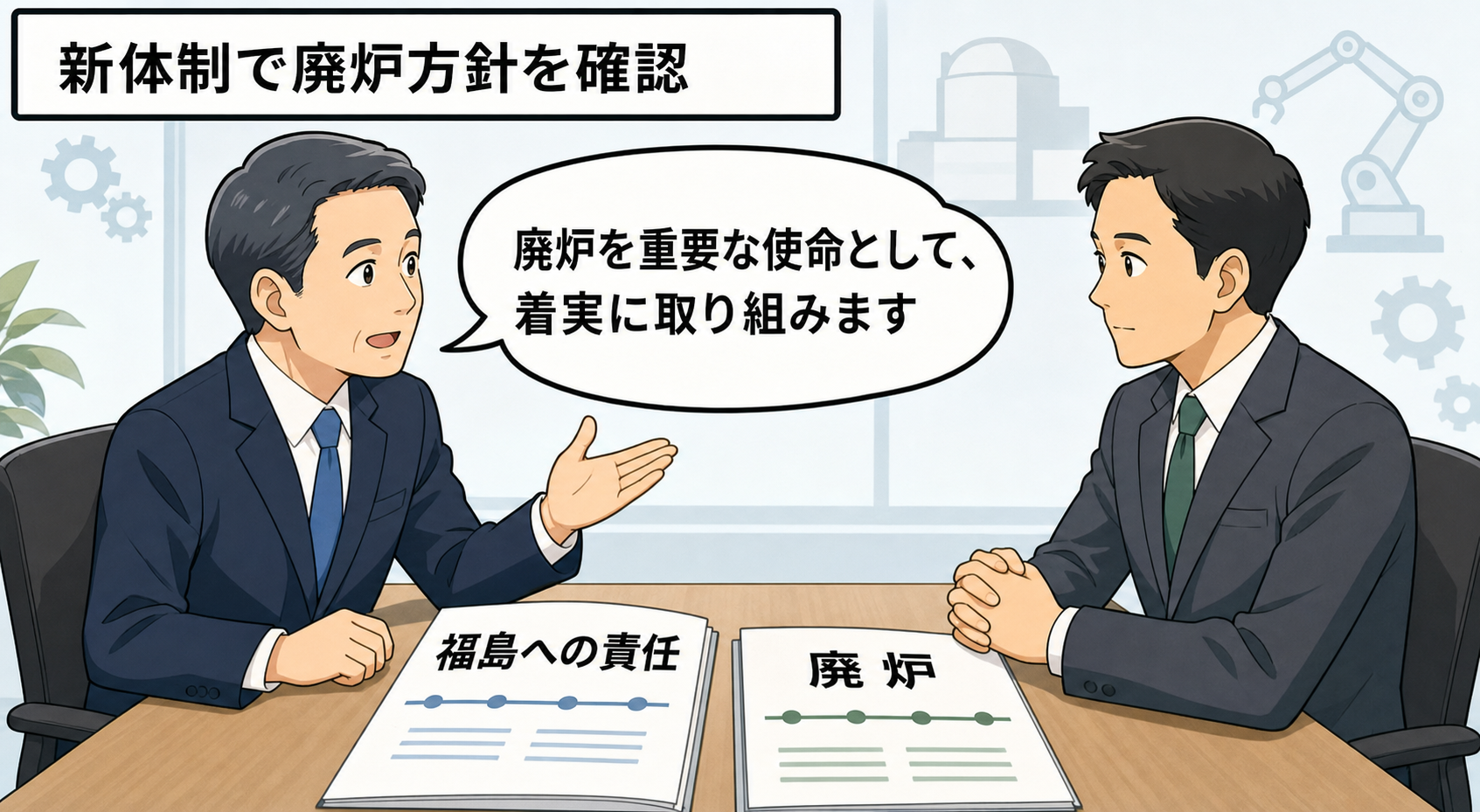 会議室で、スーツ姿の男性の電力会社新会長風キャラと男性の経産相風キャラが、福島第一原発の廃炉工程を示す資料を挟んで話し合う中立的な一コマ漫画。