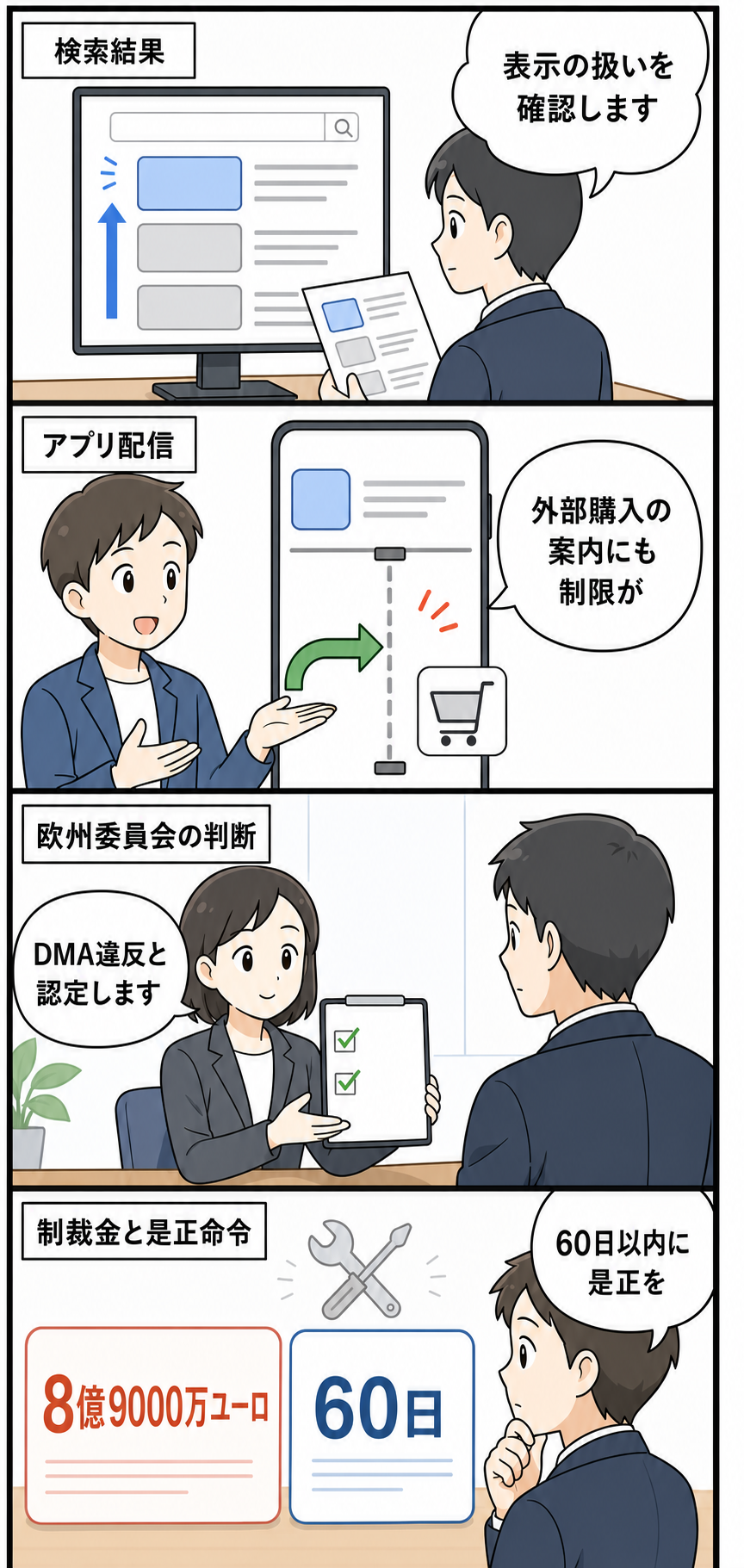 規制当局の担当者が、検索での自社サービス優遇とアプリ外購入への案内制限を確認し、企業側へ8億9000万ユーロの制裁金と60日以内の是正を通知する4コマ漫画。