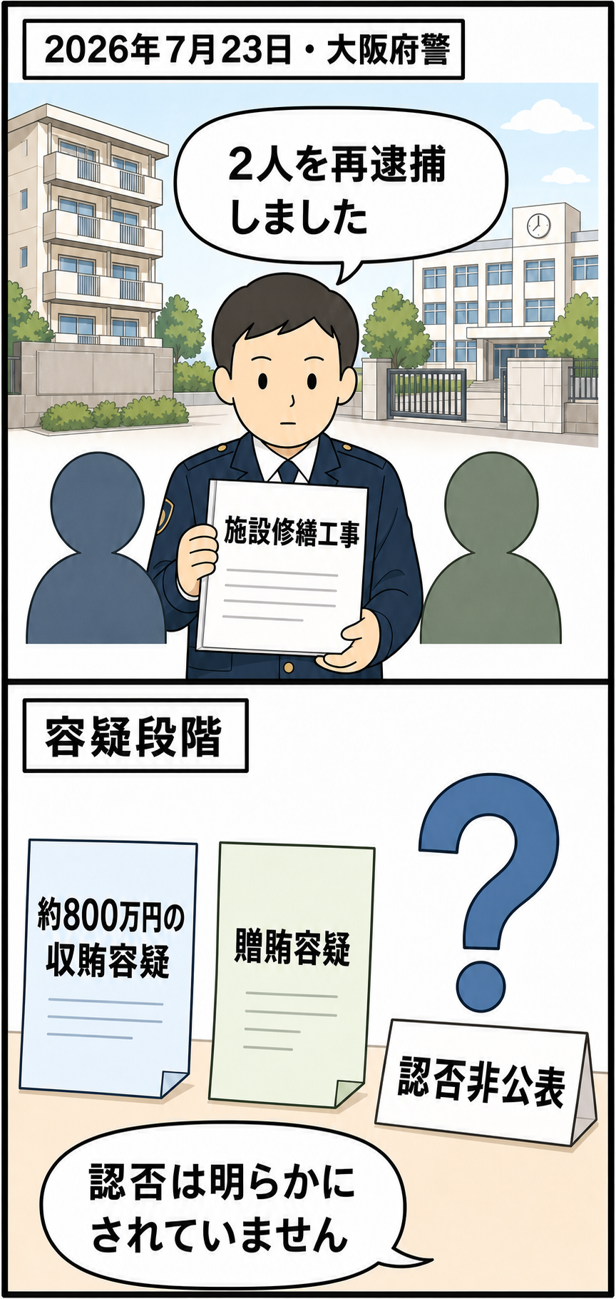 大東市の施設修繕工事を巡り、大阪府警が元主査と業者代表の再逮捕を発表し、約800万円の収賄・贈賄容疑と認否非公表を伝える2コマ漫画。